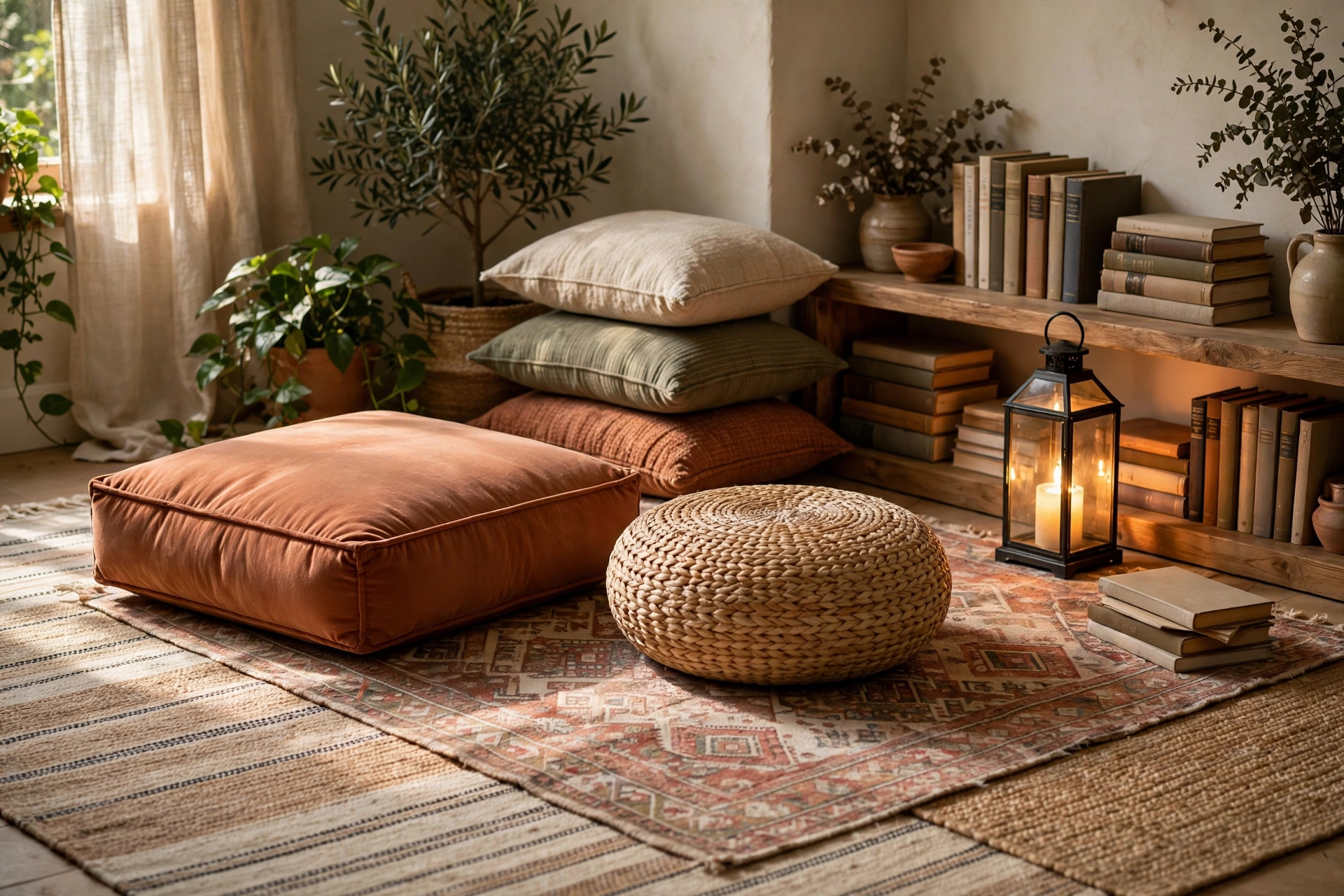 Reading nook ideas: layered rugs with floor cushions, a pouf, and a low bookshelf in a bohemian corner