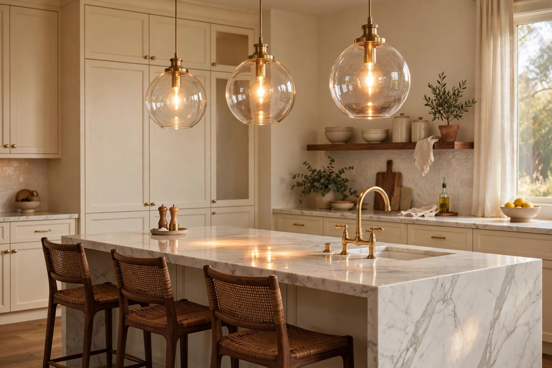 Kitchen pendant lighting ideas: brushed brass globe pendants in a row over a marble kitchen island