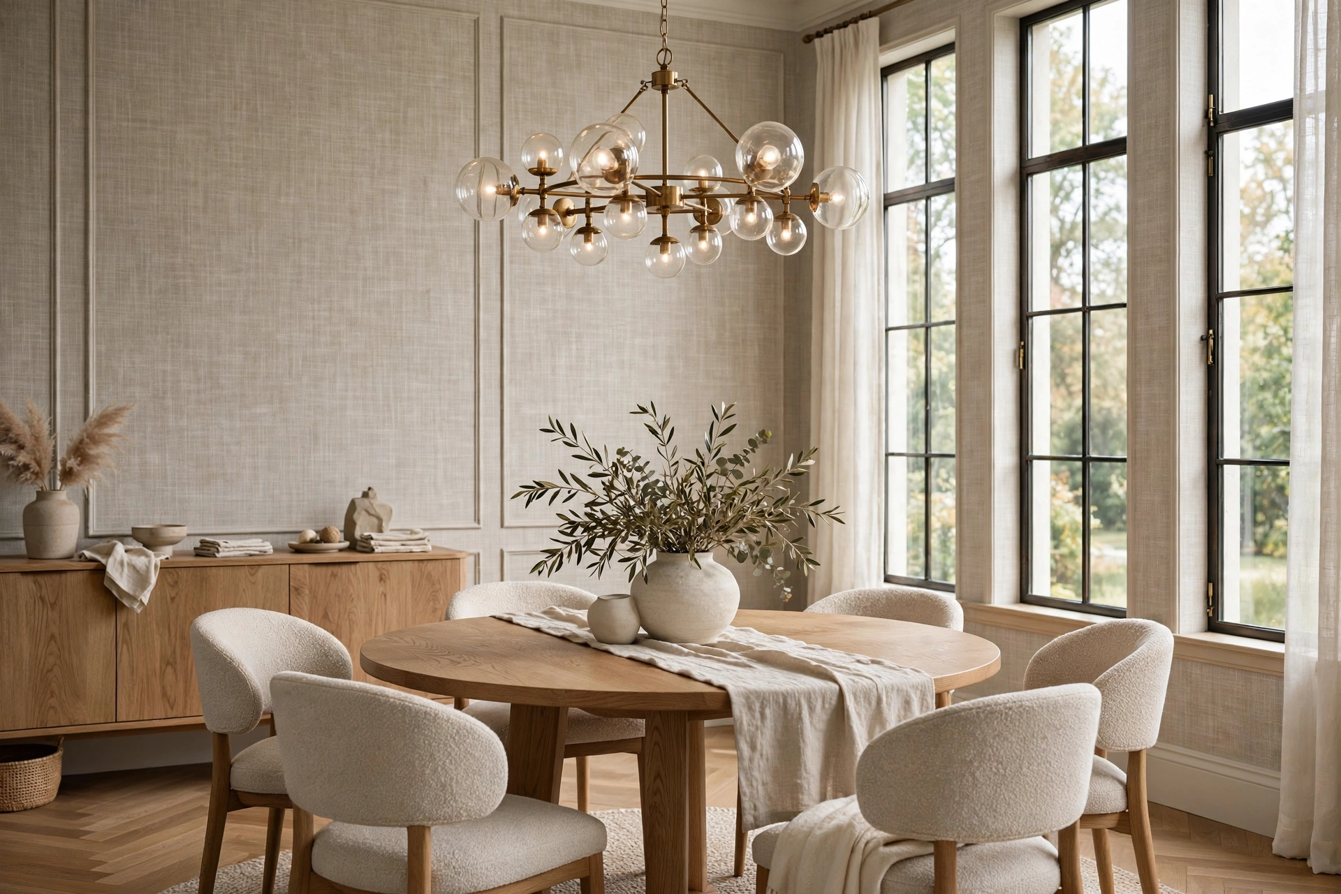 textured wallpaper ideas: dining room with linen-look fabric textured wallpaper in soft greige with fine woven crosshatch texture behind an oak table