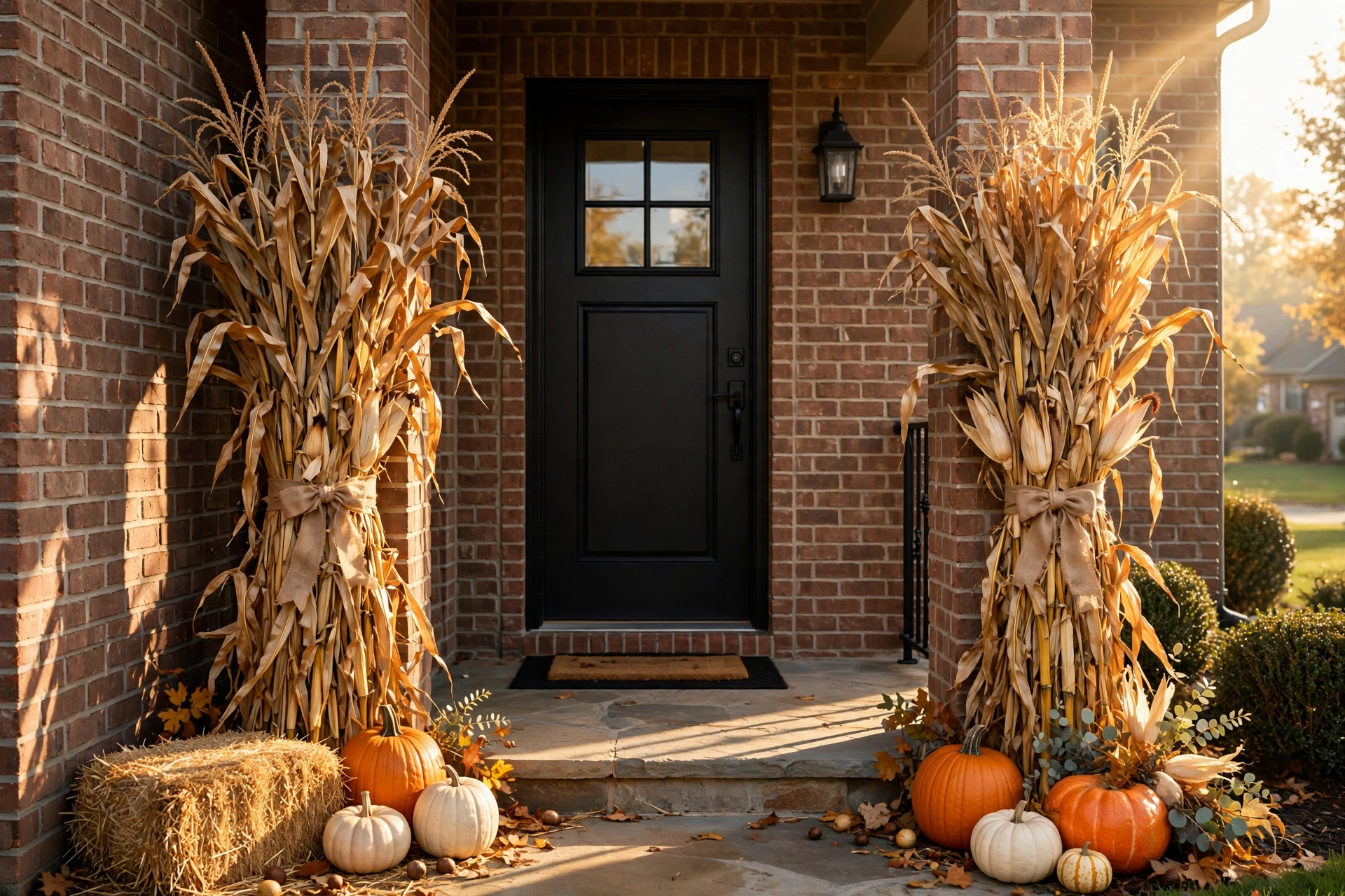 Fall front door decor ideas with tall bundled cornstalks tied with twine framing a black front door