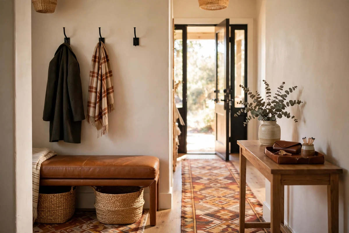 Area rug open floor plan ideas: small durable rug forming an entry landing where the front door opens into an open-plan living space