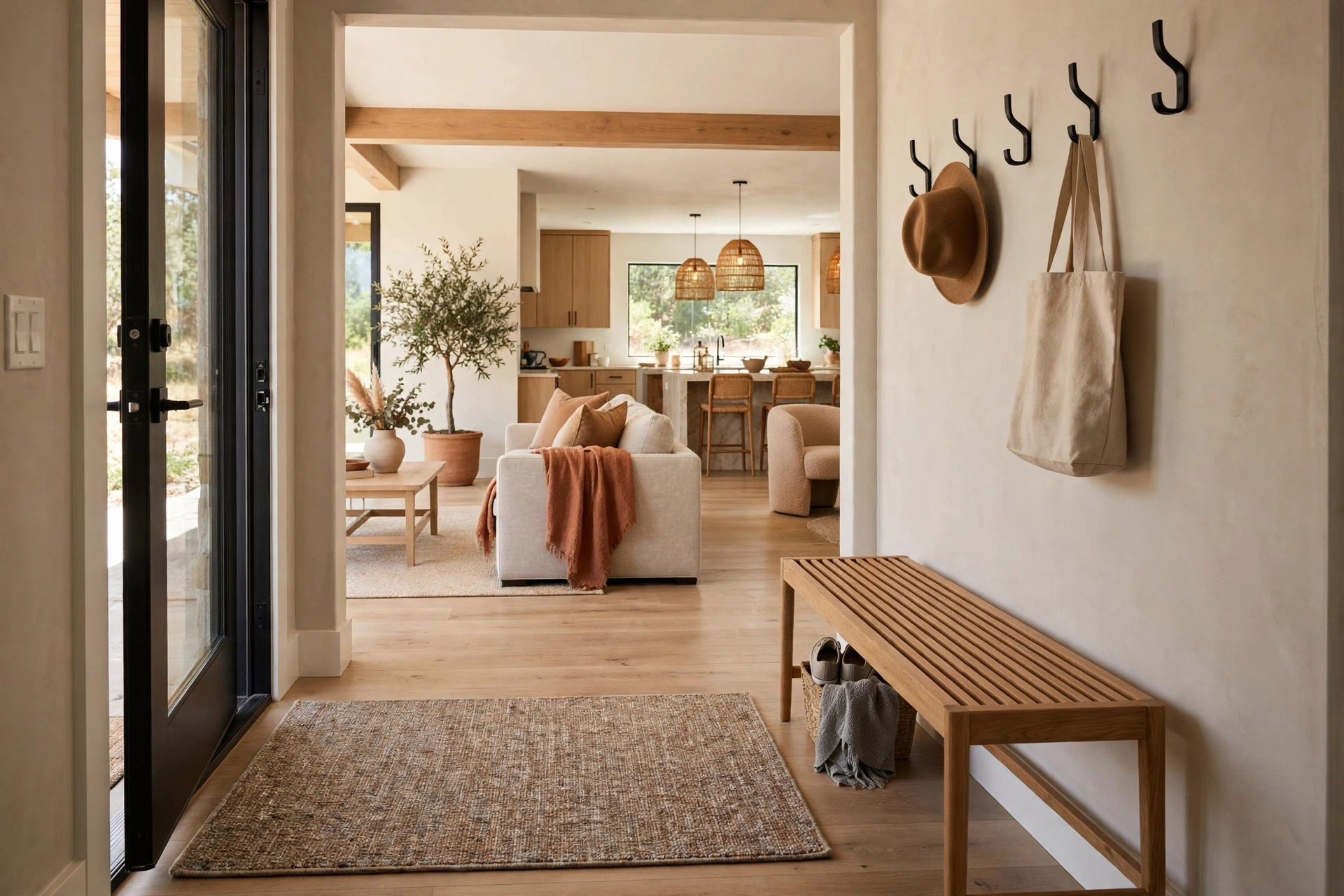 Caramel leather decor ideas: entryway with a caramel leather bench, baskets, and wall hooks