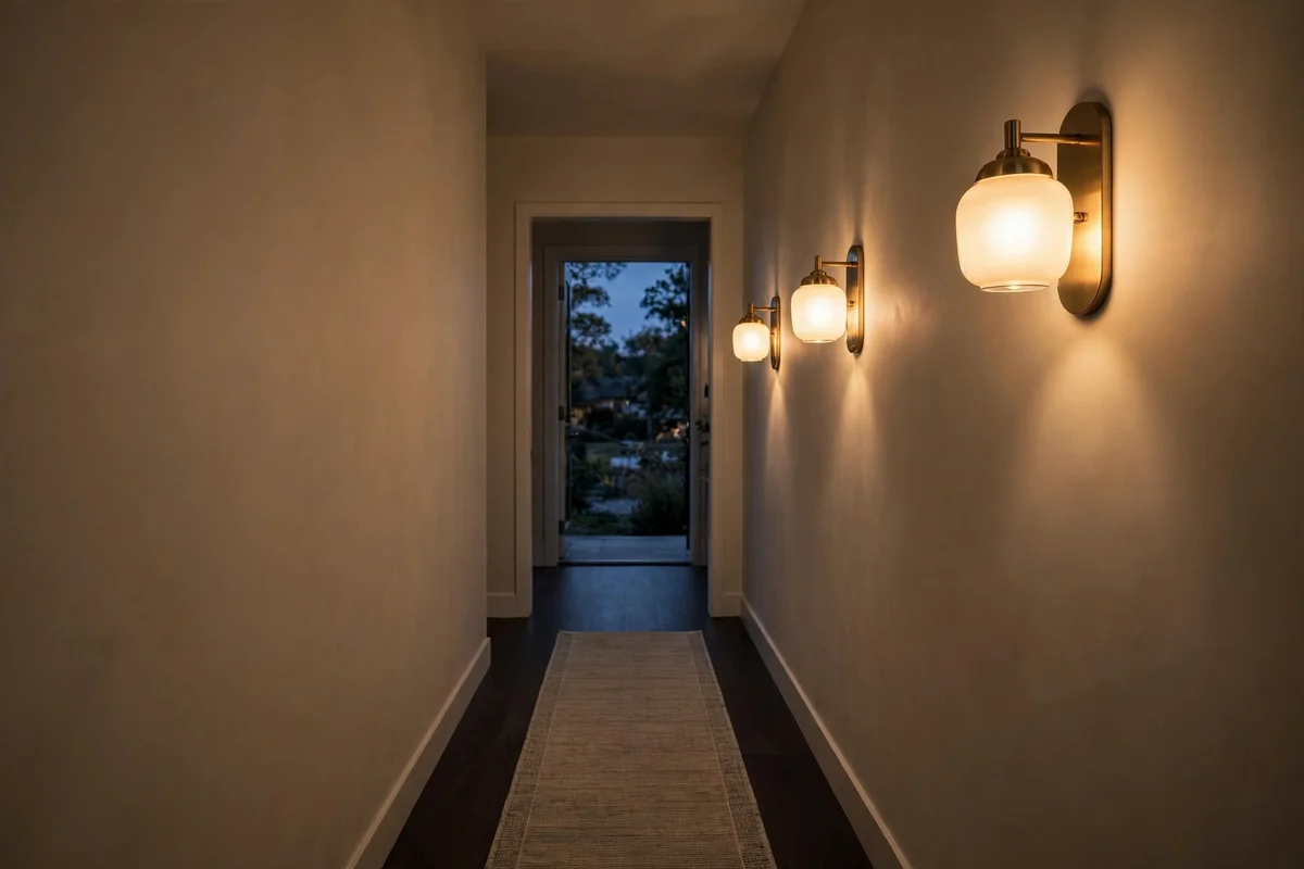 Narrow hallway decorating ideas: slim wall sconces casting warm light along a narrow hallway