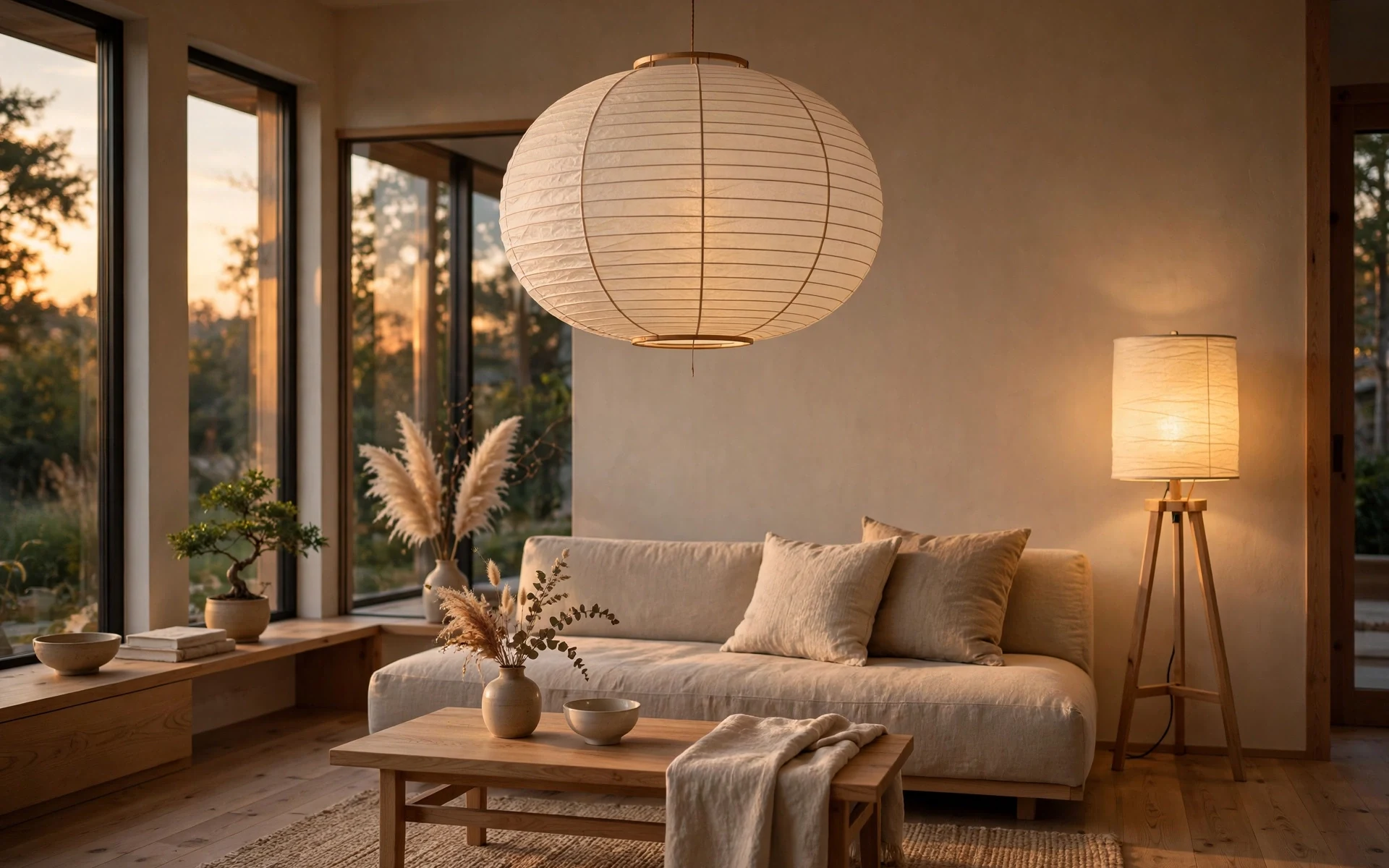 Warm evening japandi living room ideas with a glowing rice paper pendant and wooden floor lamp