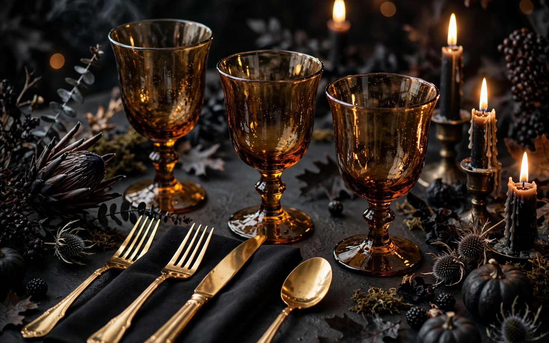 Smoked amber goblets halloween table setting ideas beside gold flatware