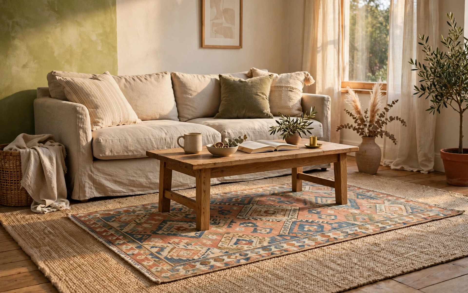Angled rug layering ideas with a patterned rug placed diagonally over a neutral base rug