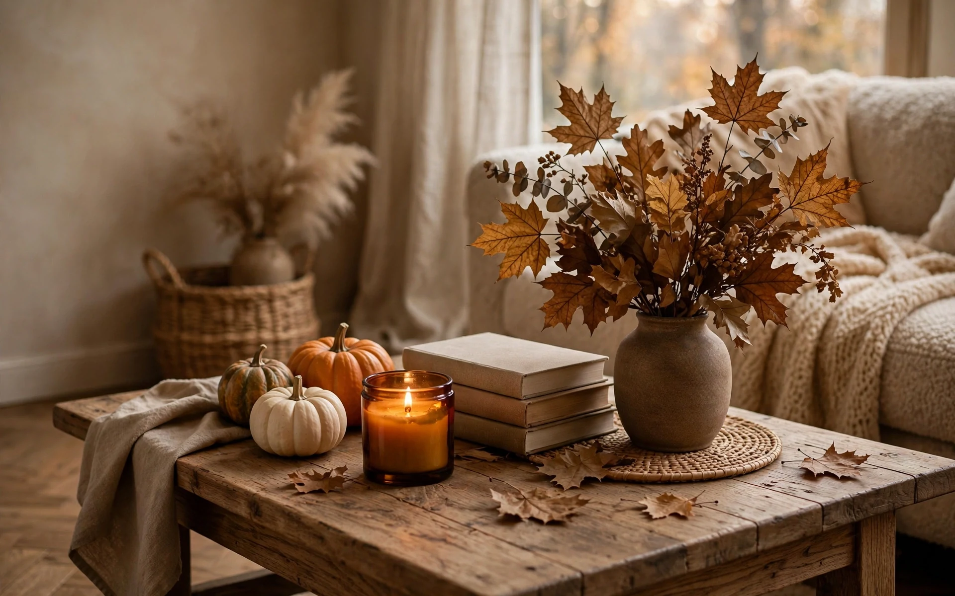 Fall coffee table styling ideas with small pumpkins, an amber candle and dried grasses on the table