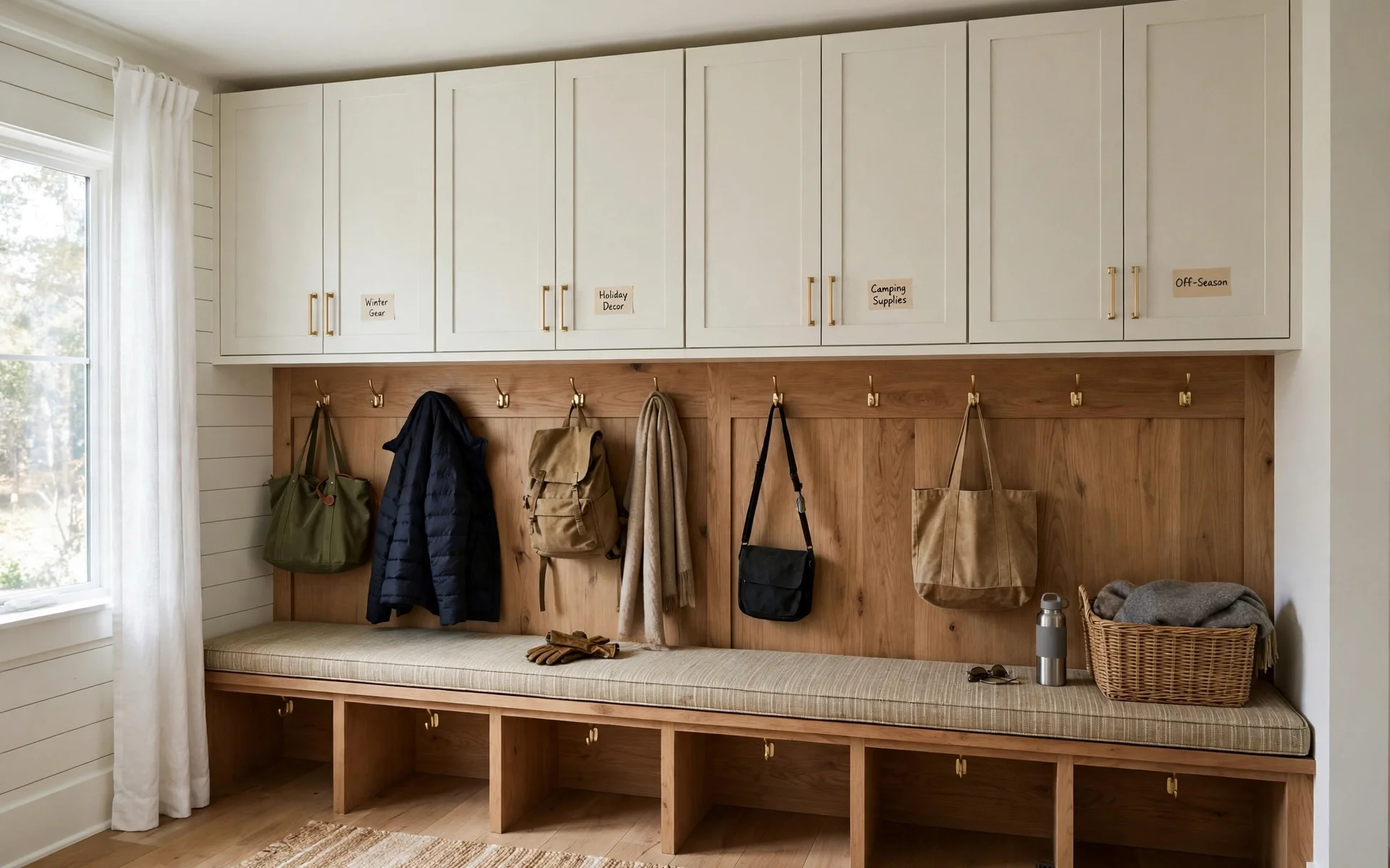Overhead closed cabinets above a mudroom bench storing out-of-season gear, space-saving mudroom ideas