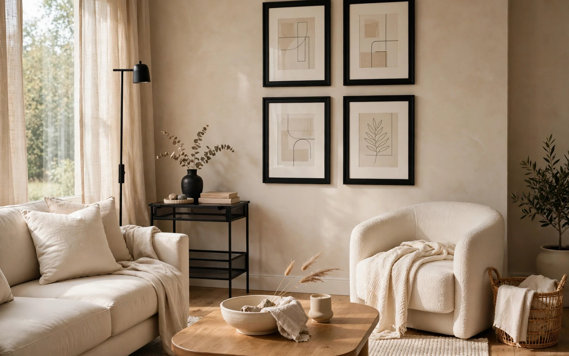 Beige living room ideas sharpened with matte black floor lamp, frames and side table accents