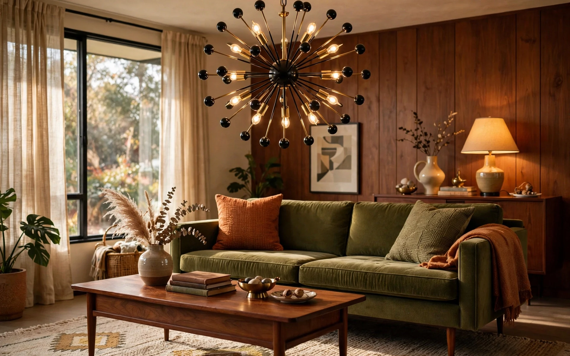Sputnik statement lighting ideas with a black and brass starburst chandelier in a mid-century living room