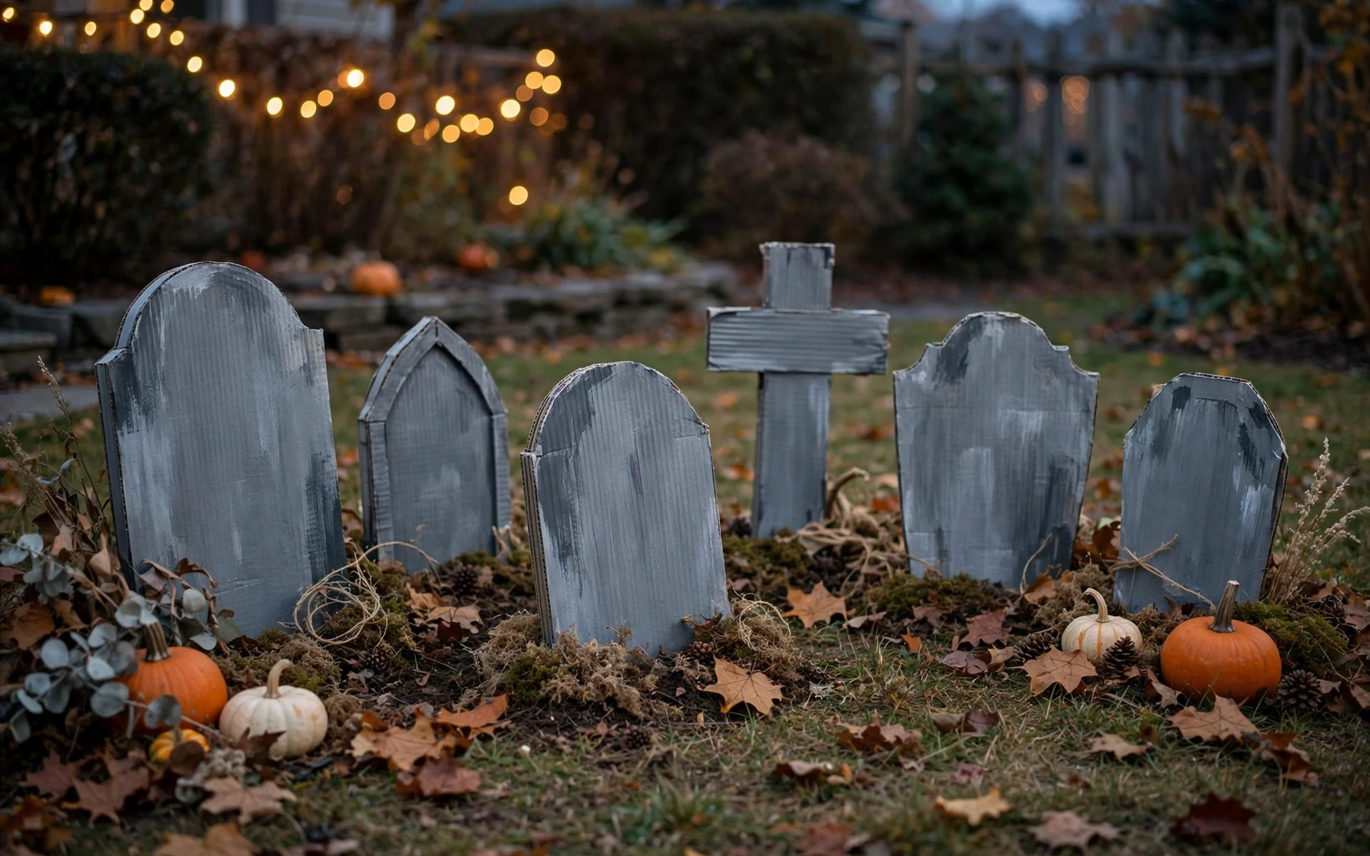 Hand-painted cardboard tombstones arranged in a front yard as diy halloween decor ideas