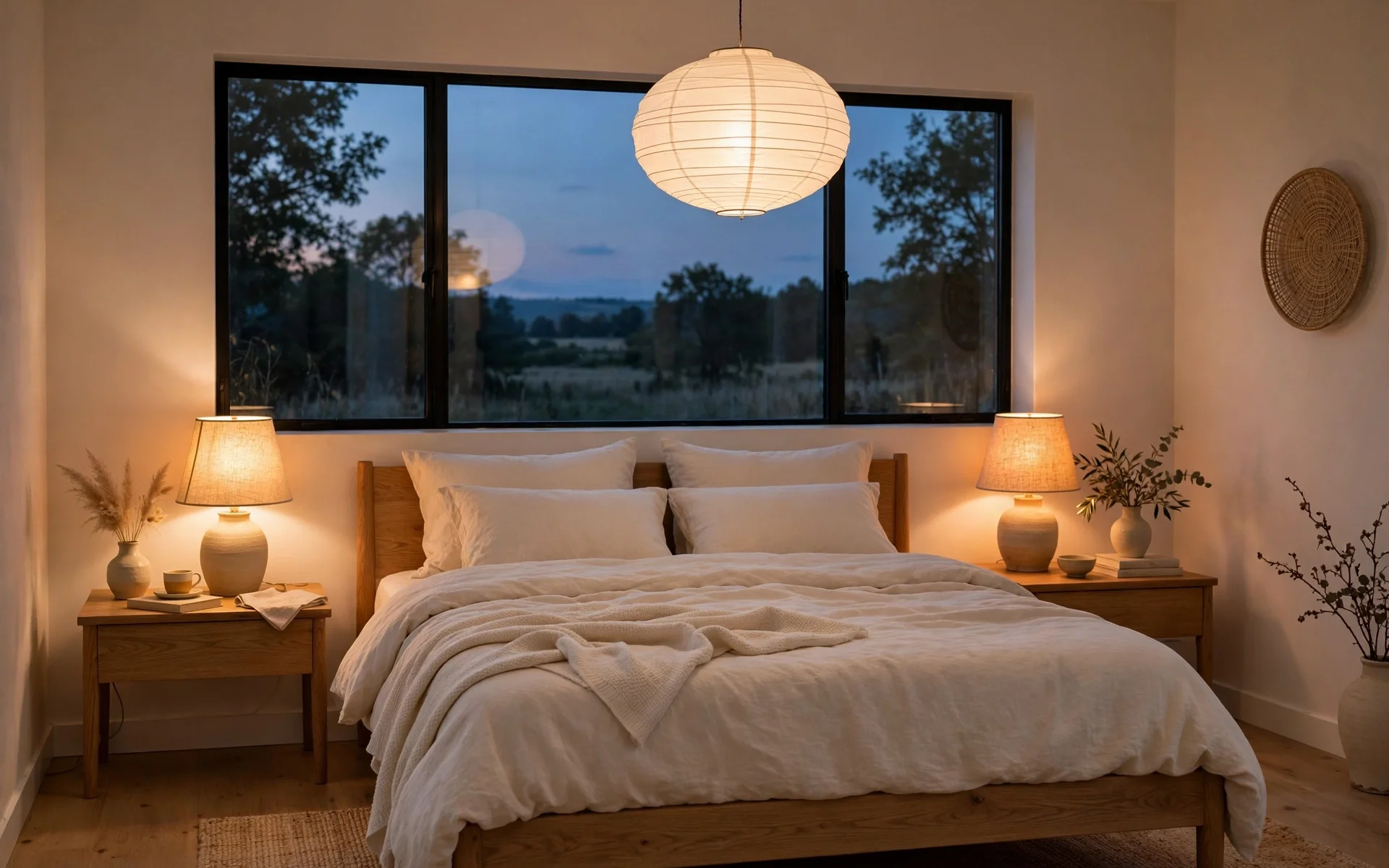 Warm minimalist bedroom ideas with a glowing paper pendant and linen-shade lamps at dusk