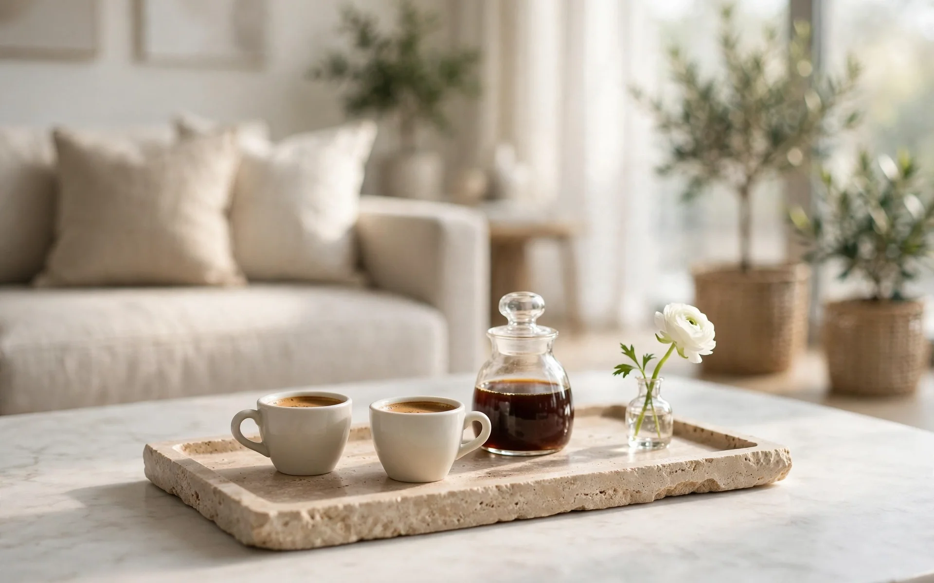 Marble coffee table ideas with a coffee ritual tray, espresso cups and a small carafe