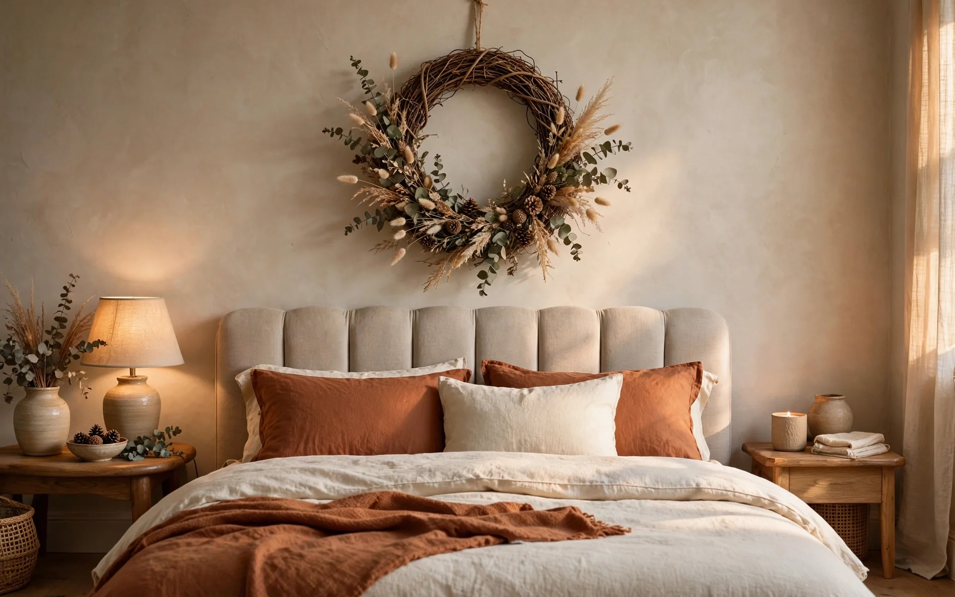Fall bedroom decor ideas with a woven wreath hung above the headboard