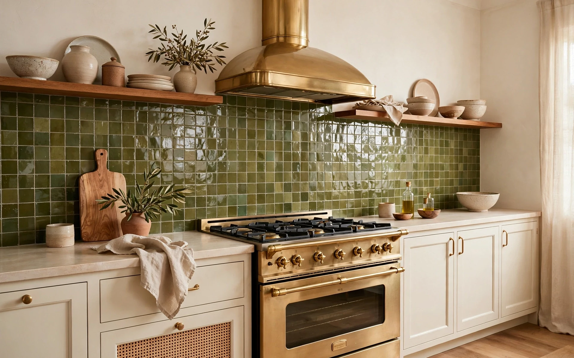 Olive green kitchen ideas using glossy olive zellige tile as a kitchen backsplash