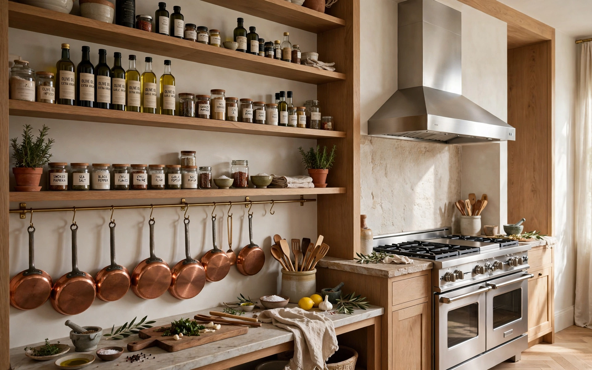 Open shelf kitchen ideas with a cooking station wall of oils, spices, and hanging pans beside the range