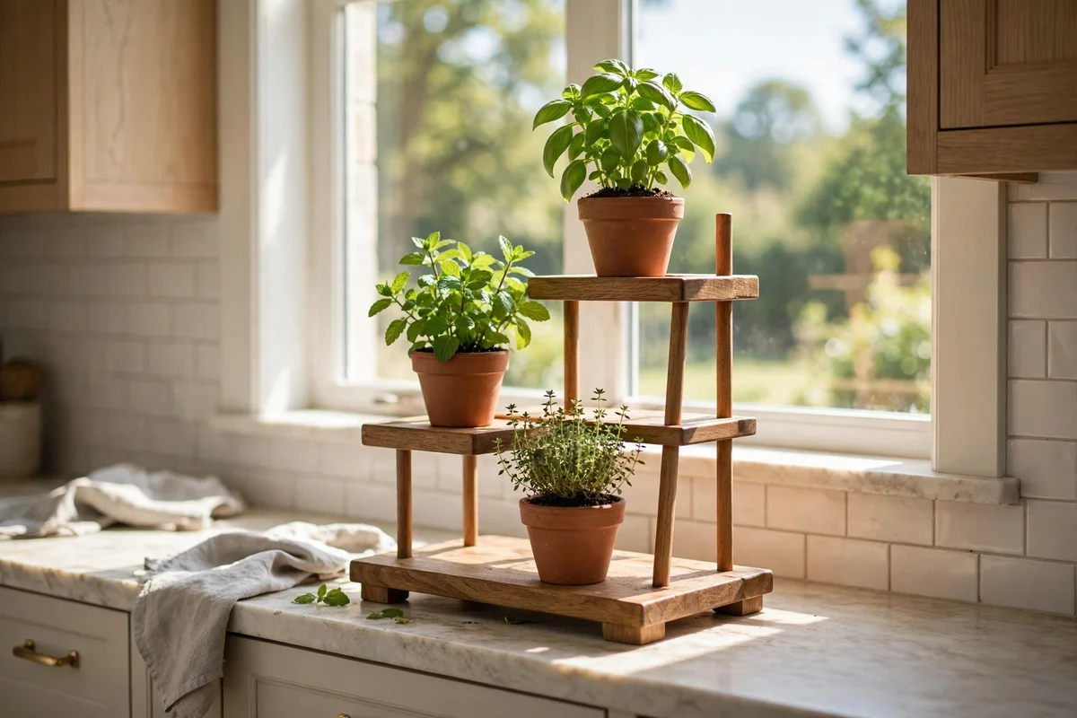 Biophilic decor ideas — a kitchen herb station with potted basil, mint, and thyme on a sunny windowsill