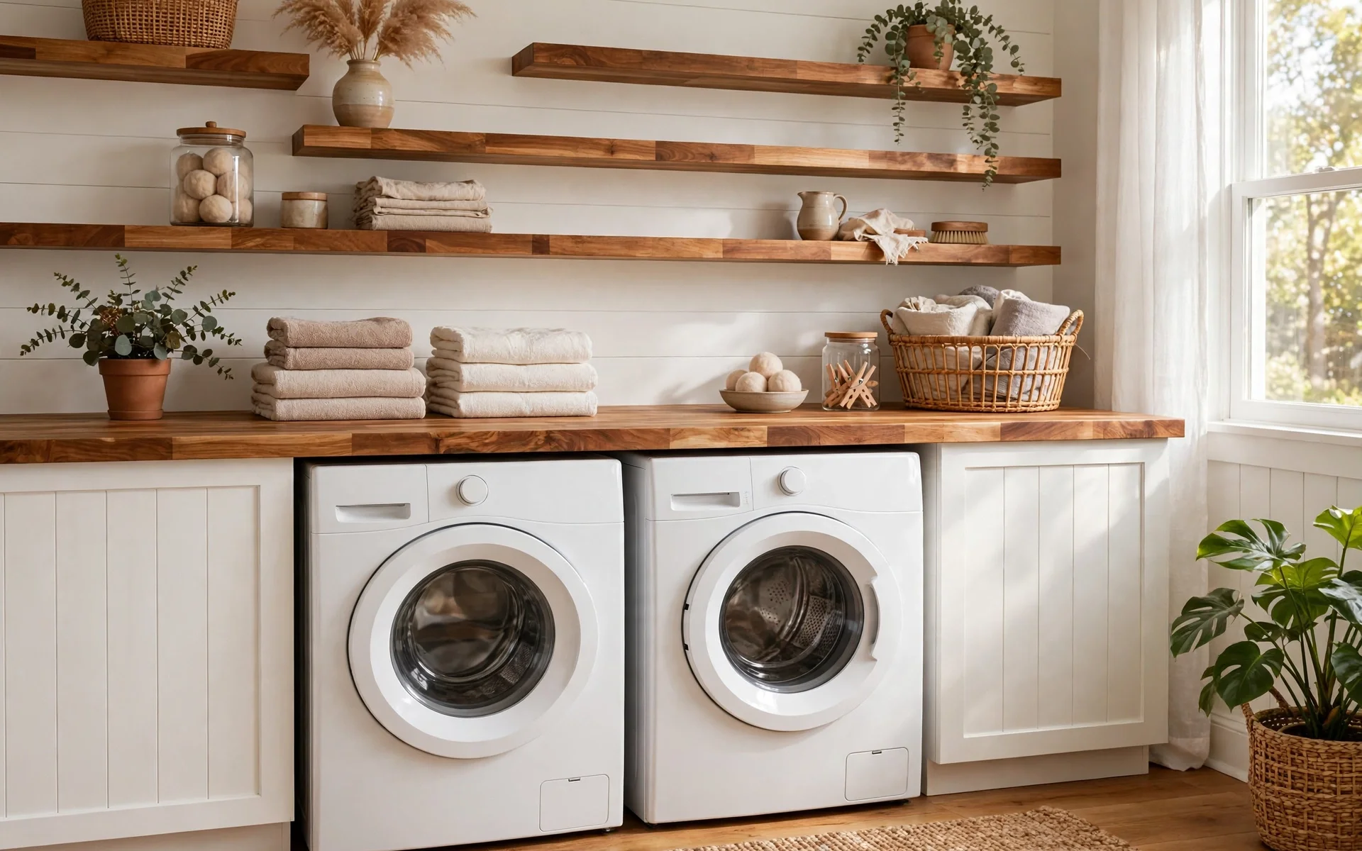 Butcher block countertop over front-load washer and dryer with folded towels, functional small laundry room ideas