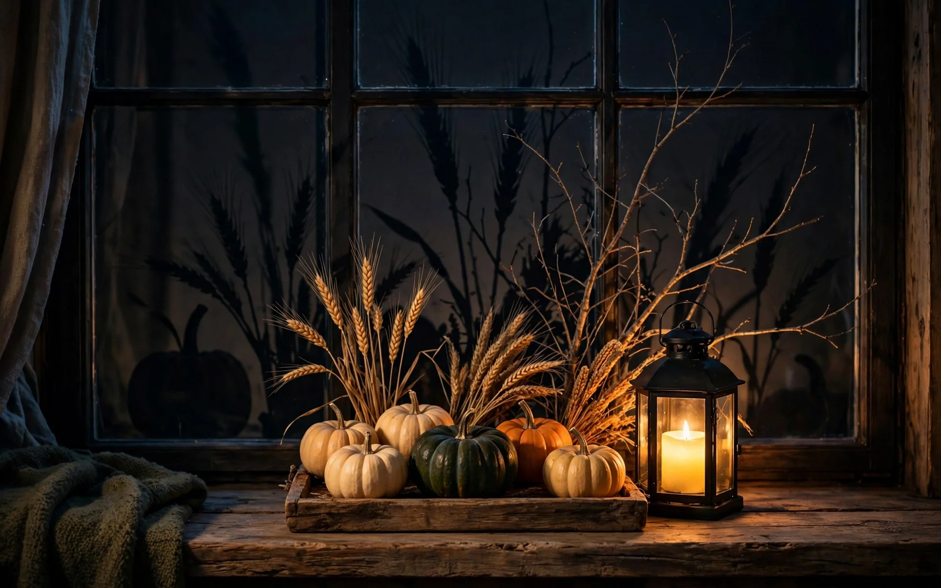 Cozy halloween window decor ideas with a pumpkin and lantern vignette styled on the interior window sill