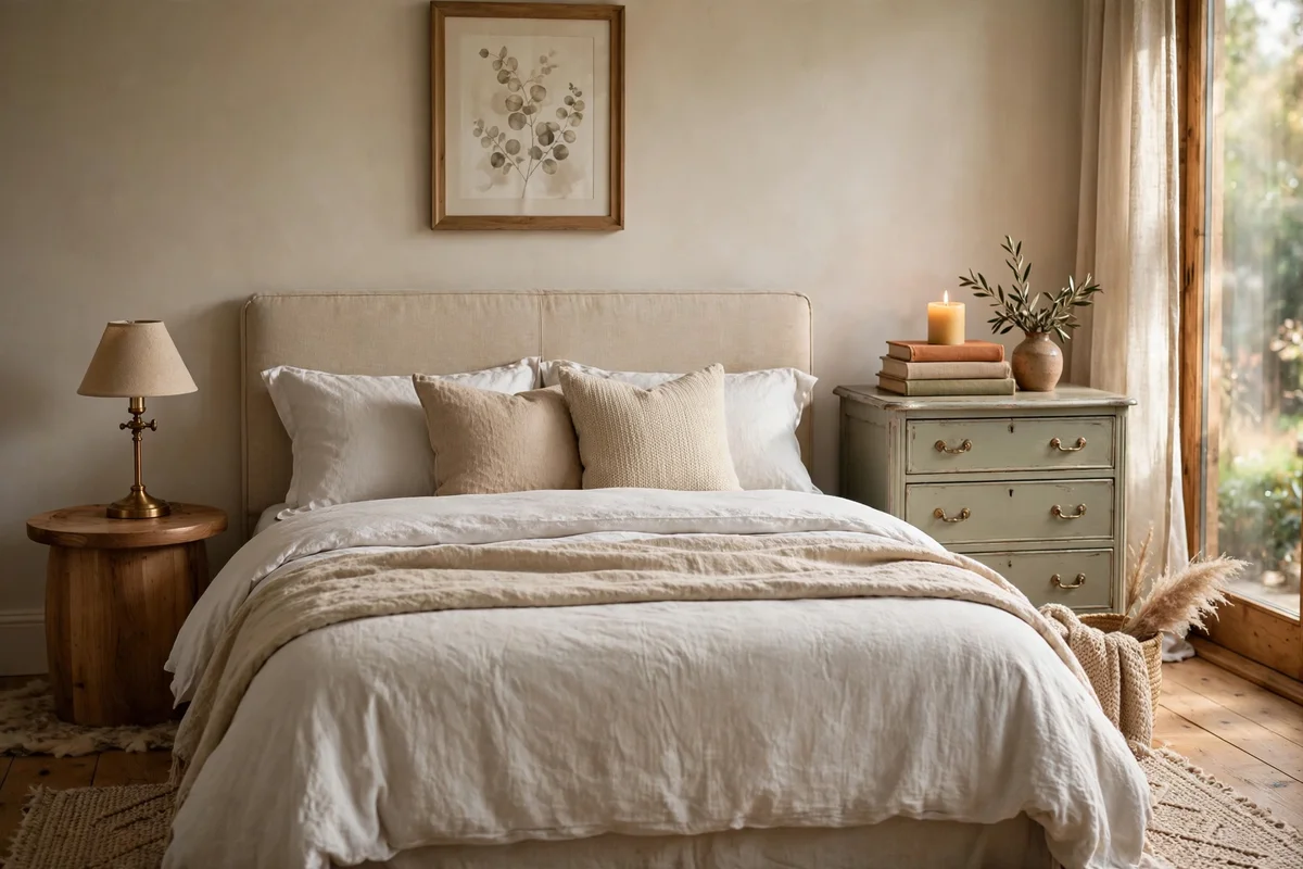 Bedside table styling ideas with mismatched nightstands flanking a bed