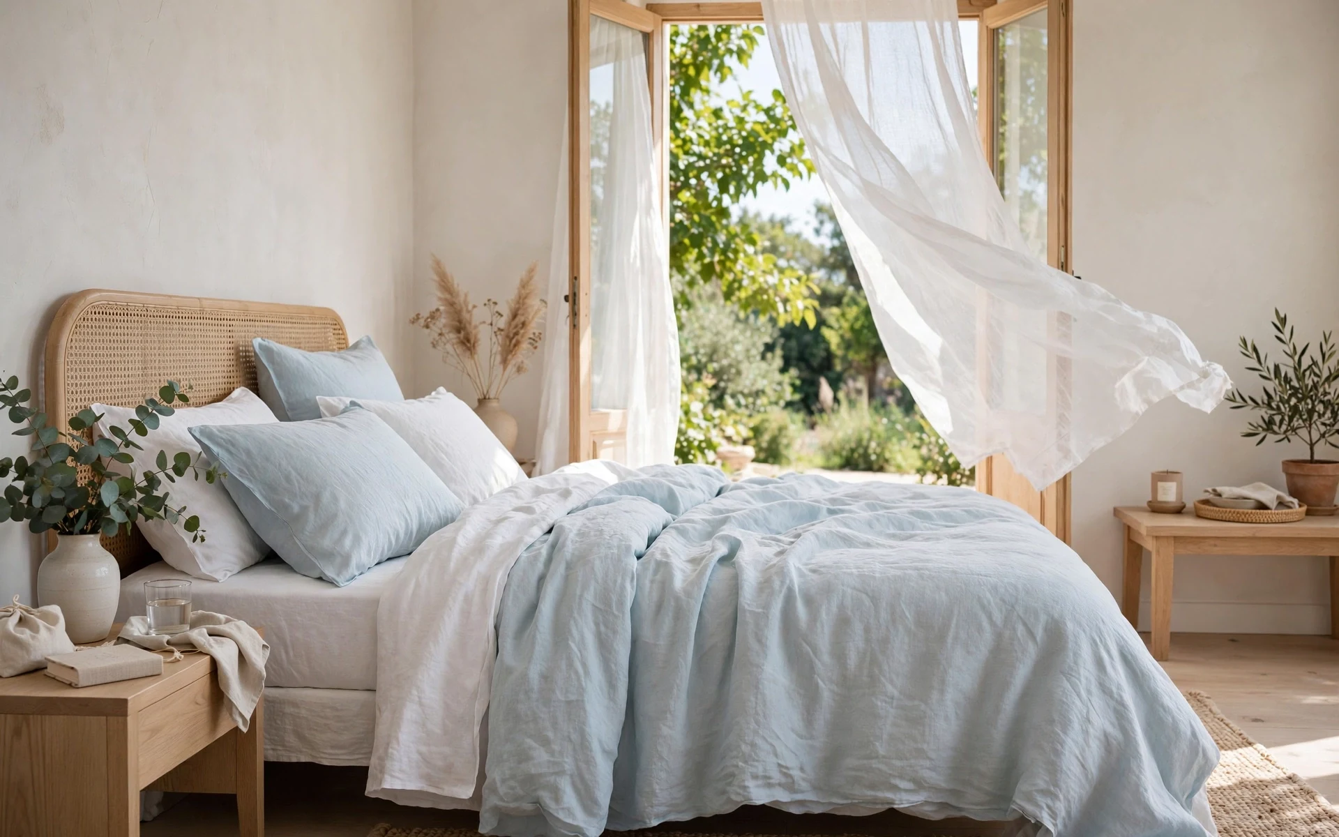 Lightweight summer linen bedding ideas in white and pale blue linen with sheer curtains and bright light