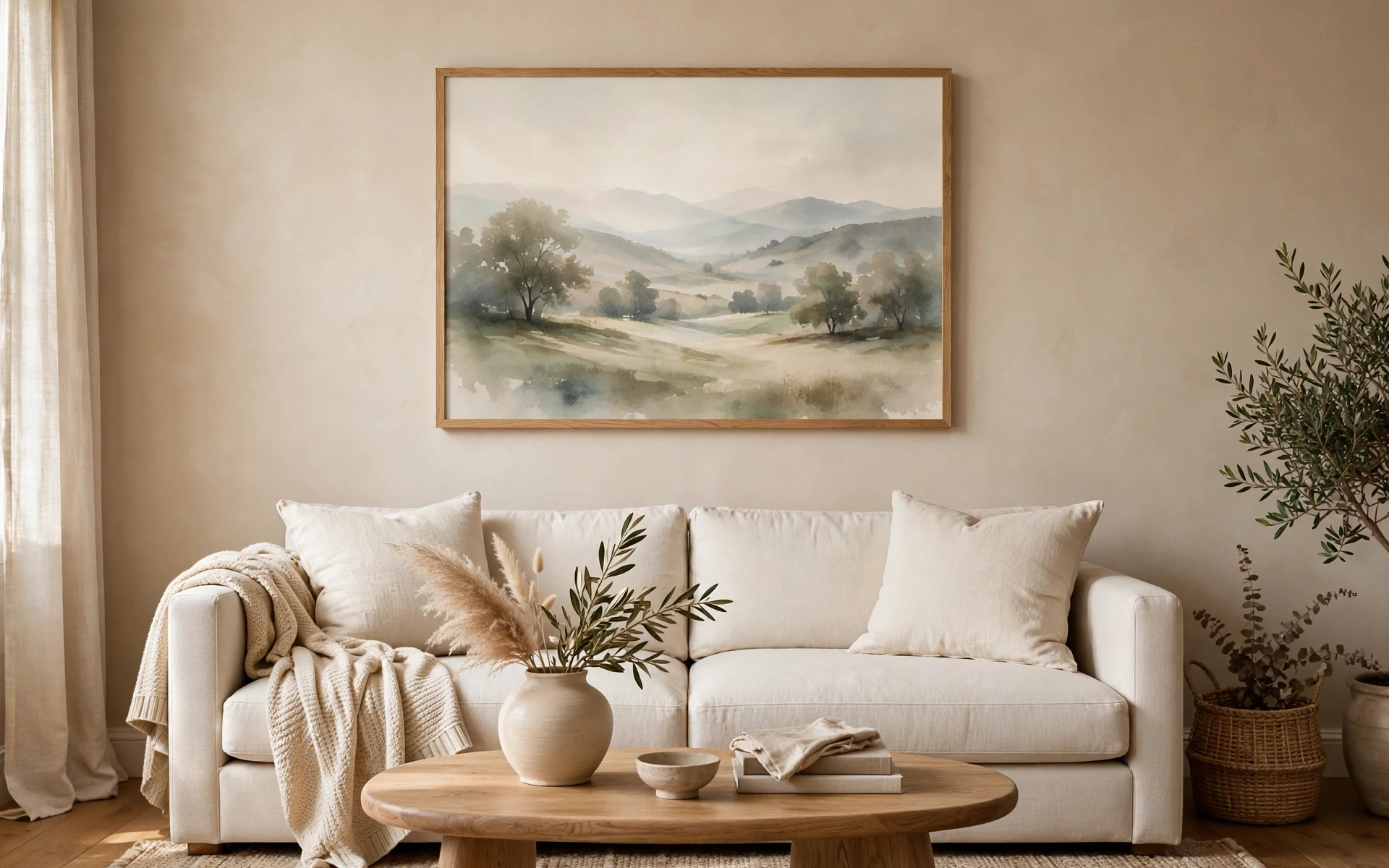 Cream sofa styling ideas with a large framed landscape print hanging above the sofa