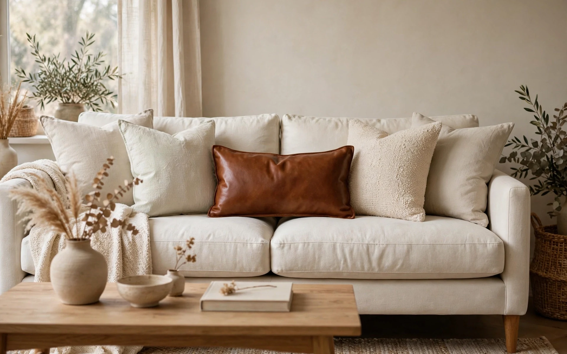 Cream sofa styling ideas with one cognac leather pillow adding dark contrast