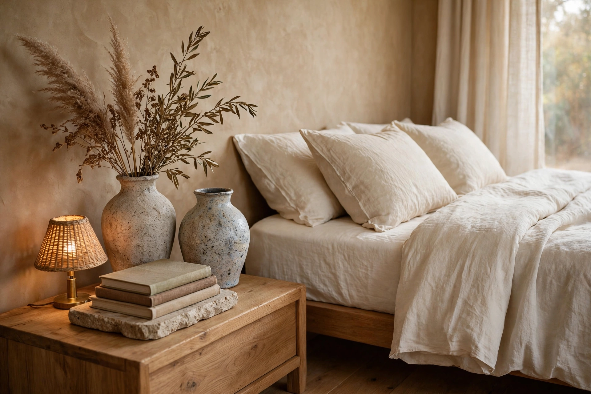 Earthy bedroom ideas: nightstand styled with handmade ceramic vases and a stone tray
