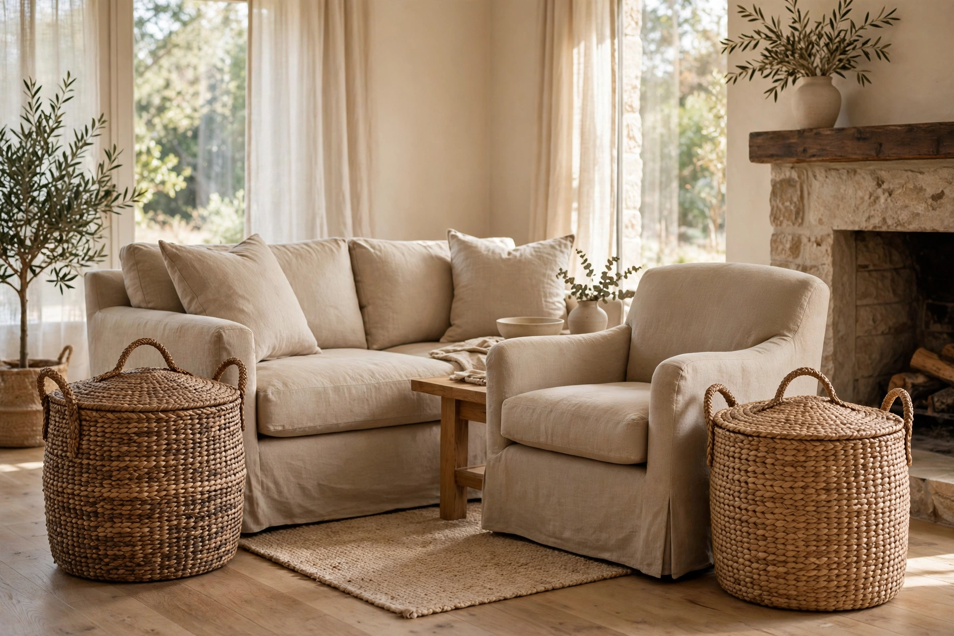 Woven lidded baskets beside the sofa — toy storage ideas living room warmth
