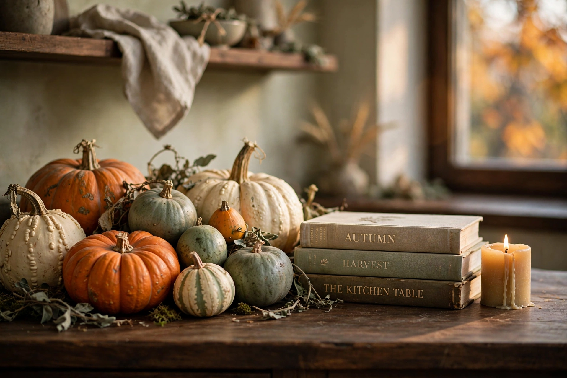 Fall kitchen decor ideas with an heirloom pumpkin and gourd vignette on a kitchen counter