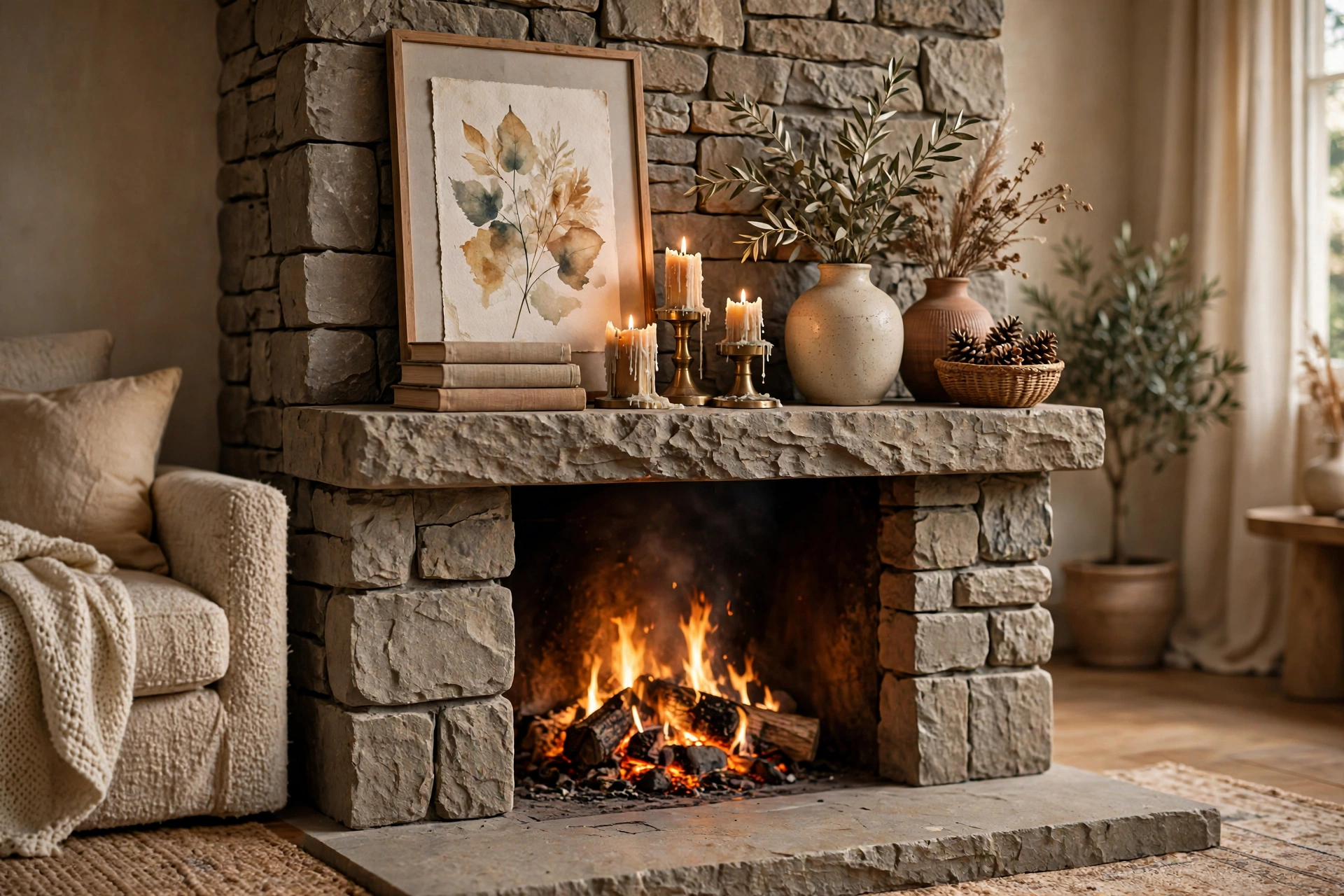 Stone fireplace ideas for mantel styling in three layers with art, candles, and vases on the hearth