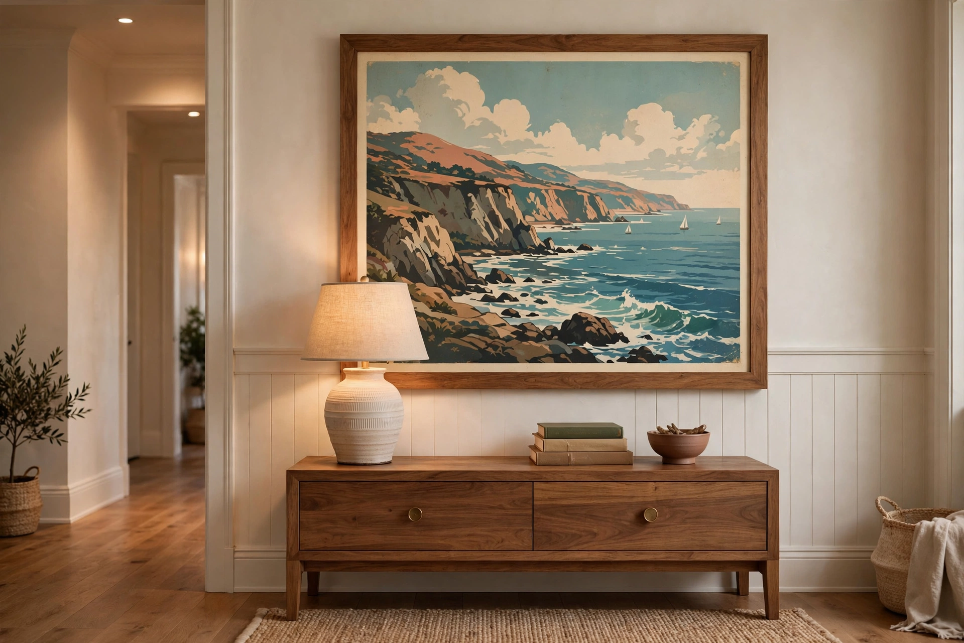 Oversized framed vintage travel poster above an entryway console — oversized wall art ideas for first impressions