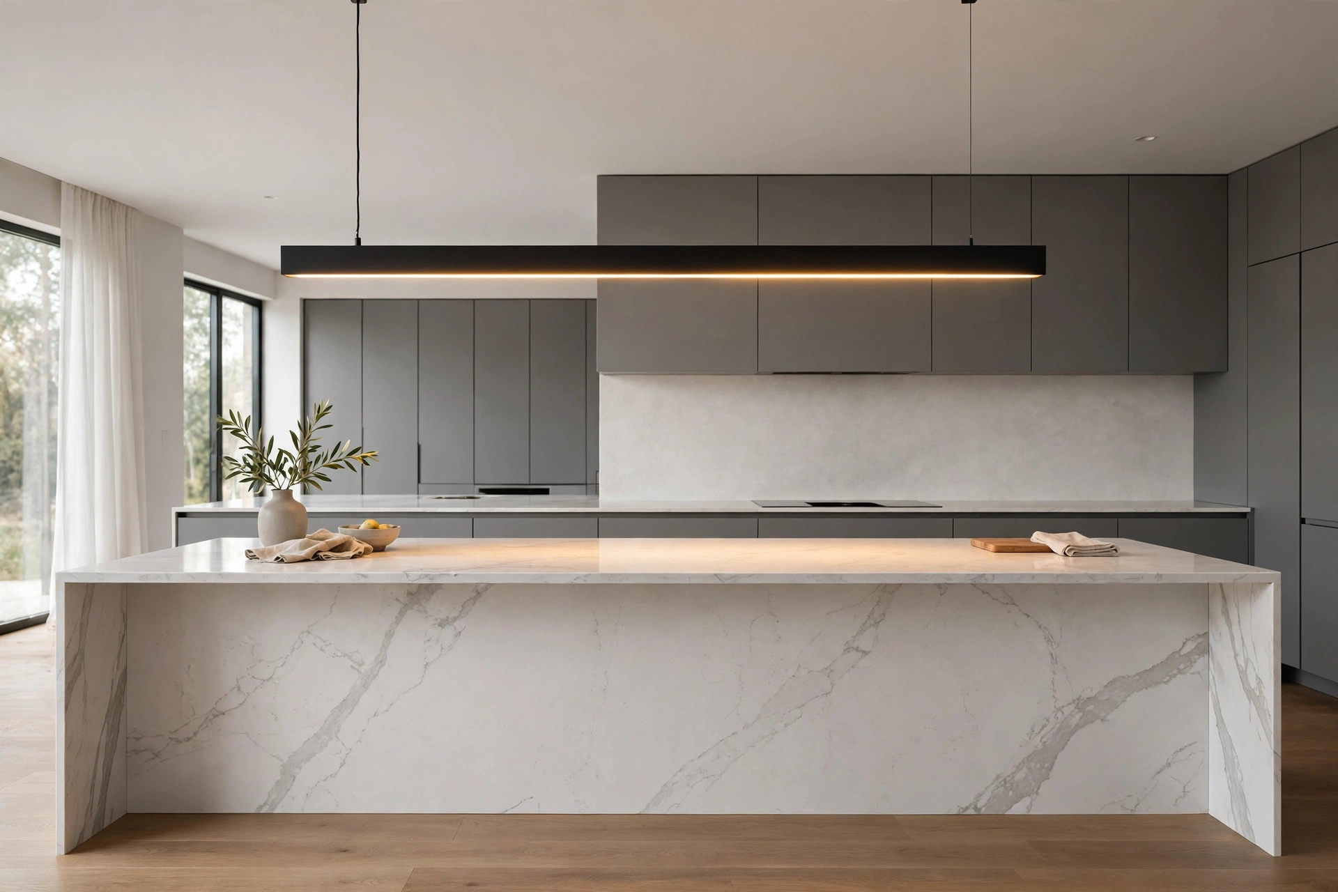 Kitchen pendant lighting ideas: long linear pendant light centered over a modern kitchen island