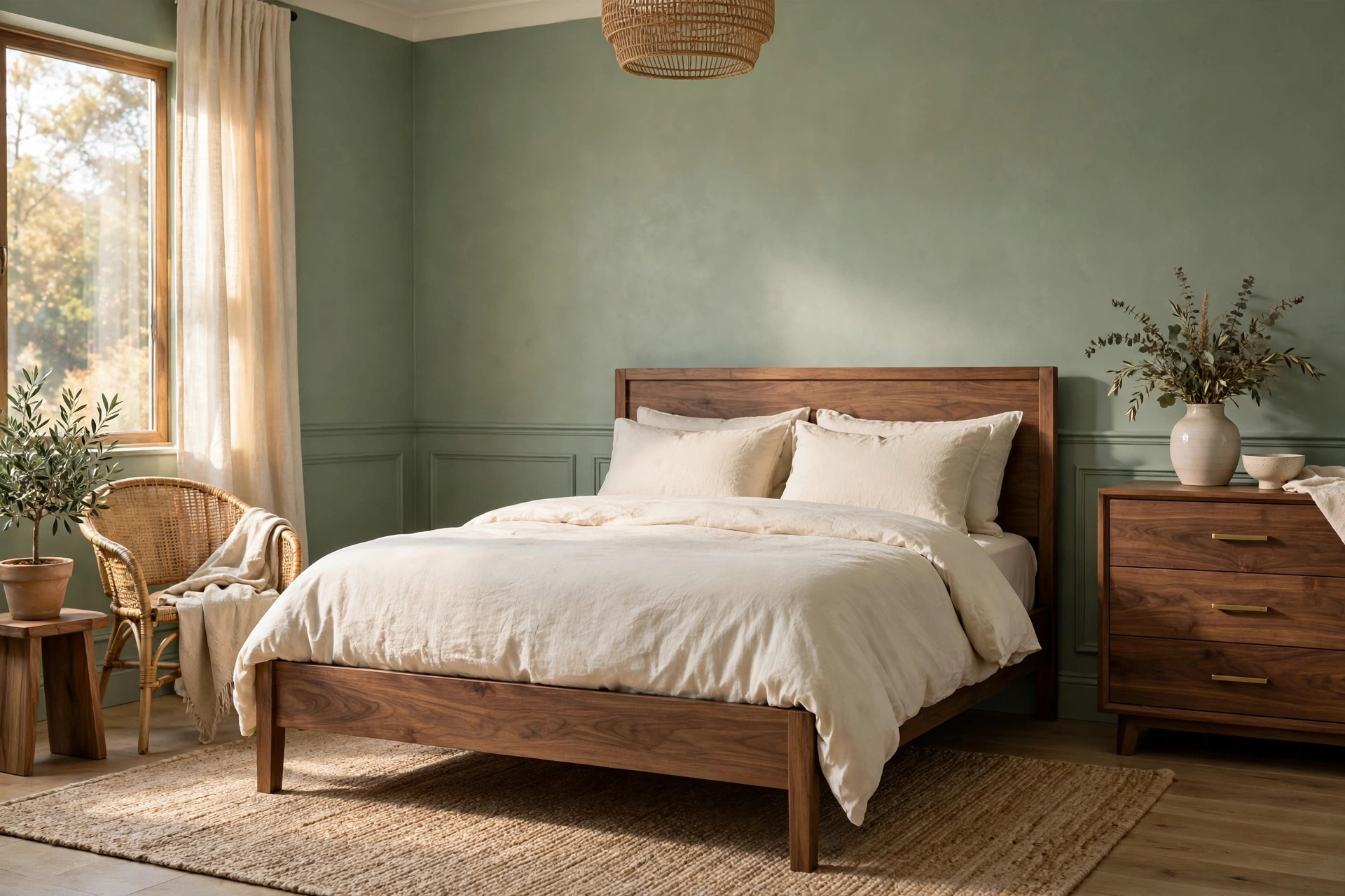 Sage green bedroom ideas pairing sage walls with warm wood furniture