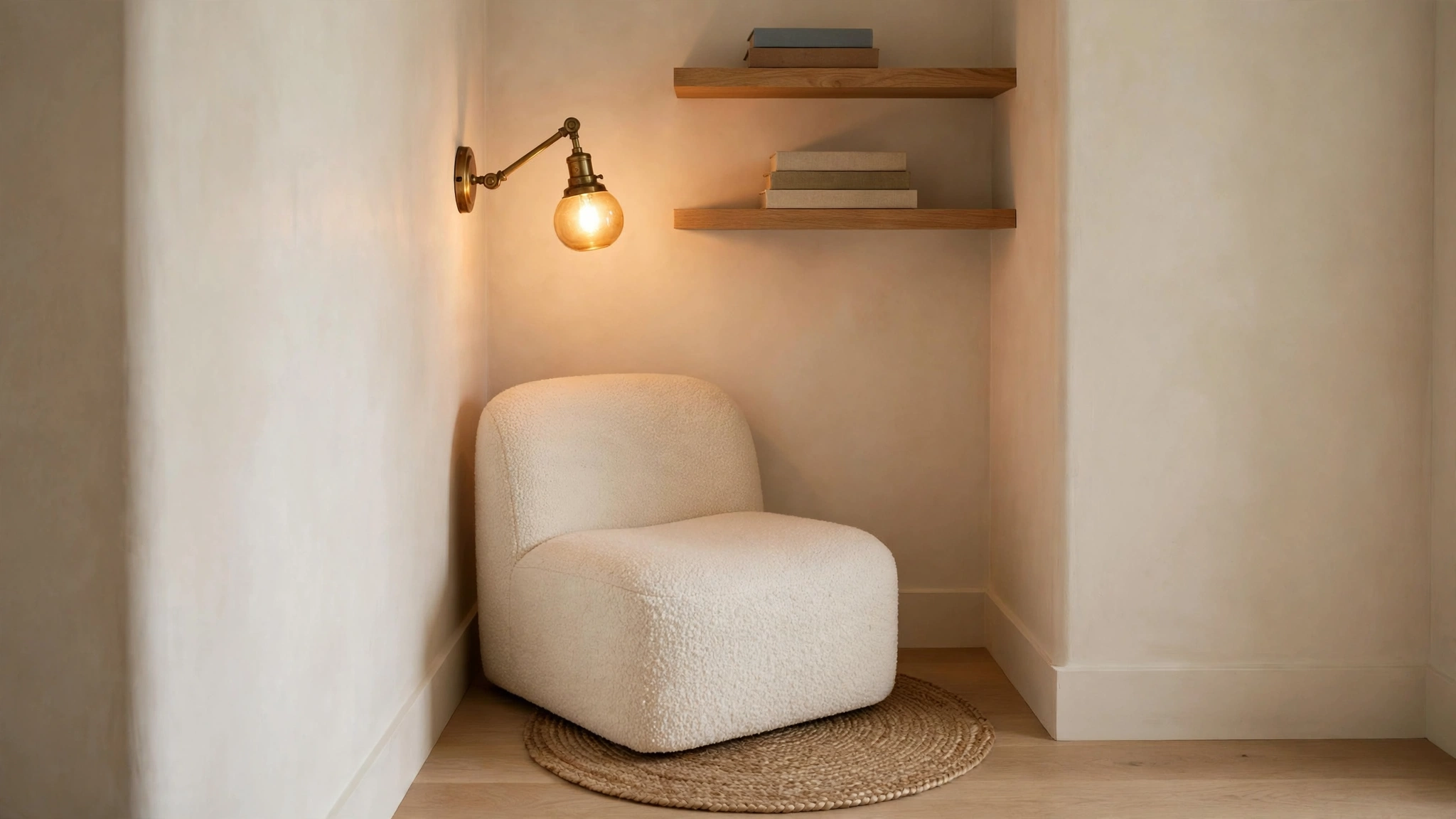 Reading nook ideas: compact slipper chair in a tight corner with a brass swing-arm wall sconce and floating shelves