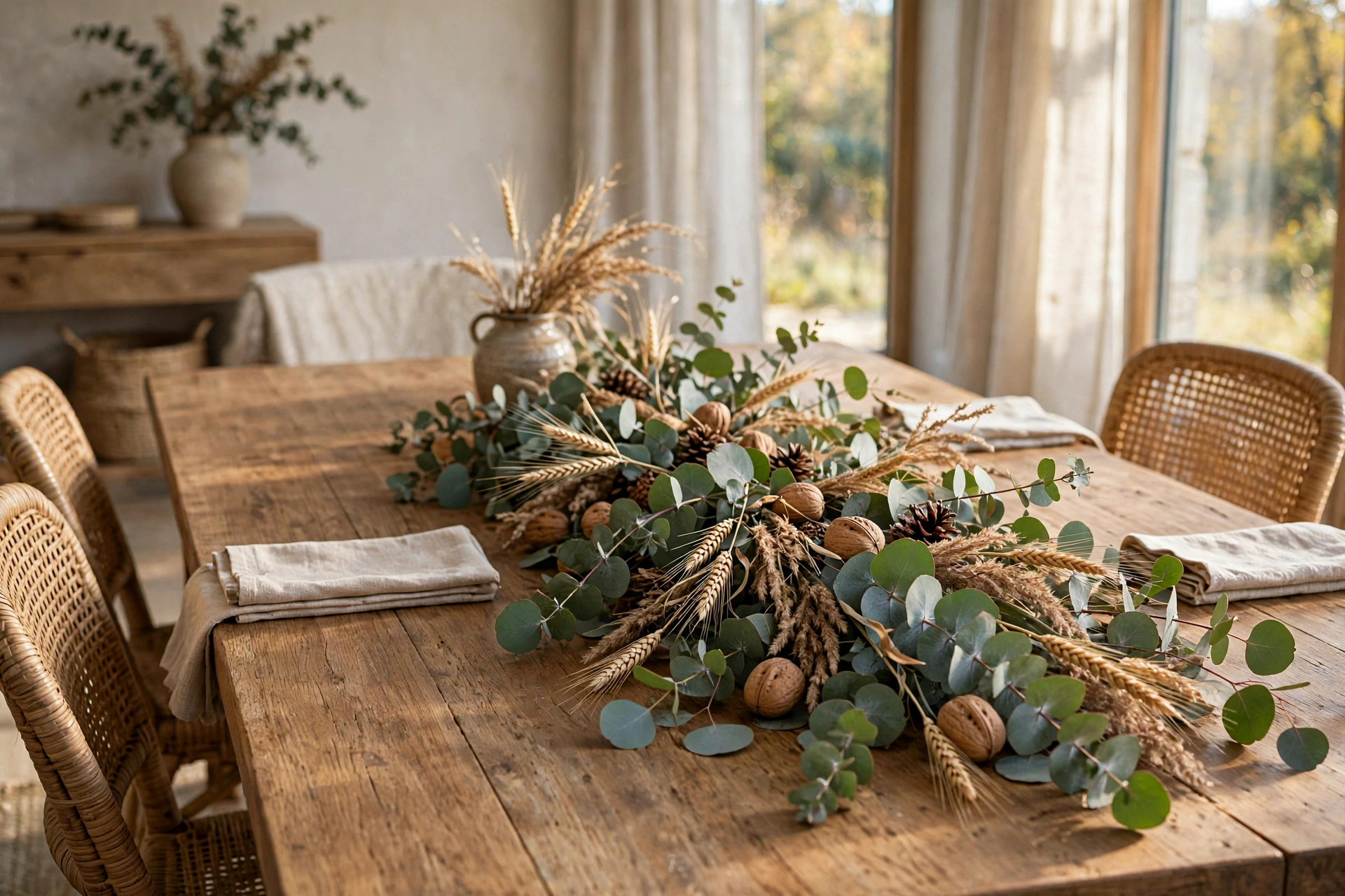 Natural thanksgiving table decor ideas with eucalyptus and dried foliage runner