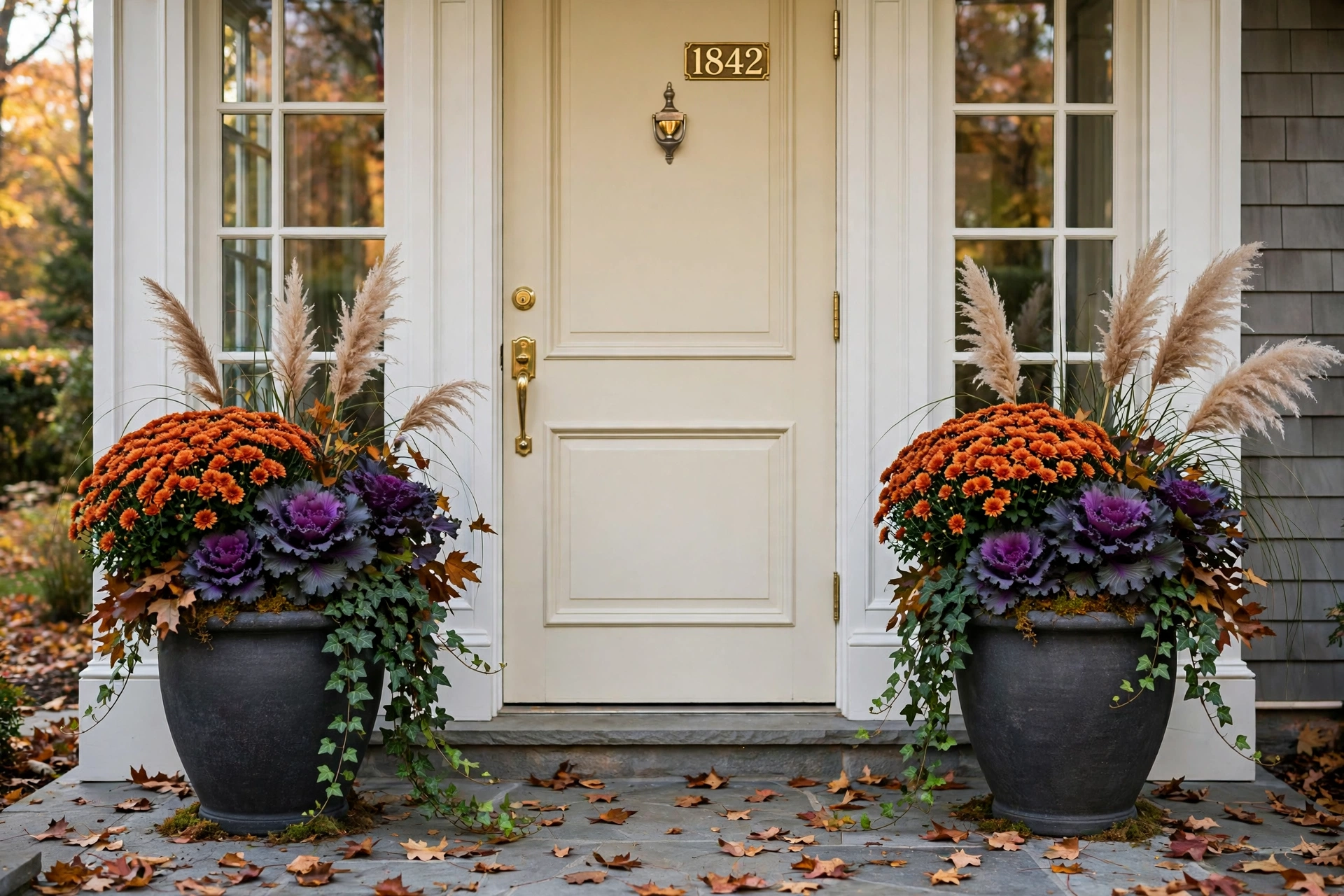 Fall front door decor ideas with charcoal urn planters full of orange mums, ornamental kale and pampas grass