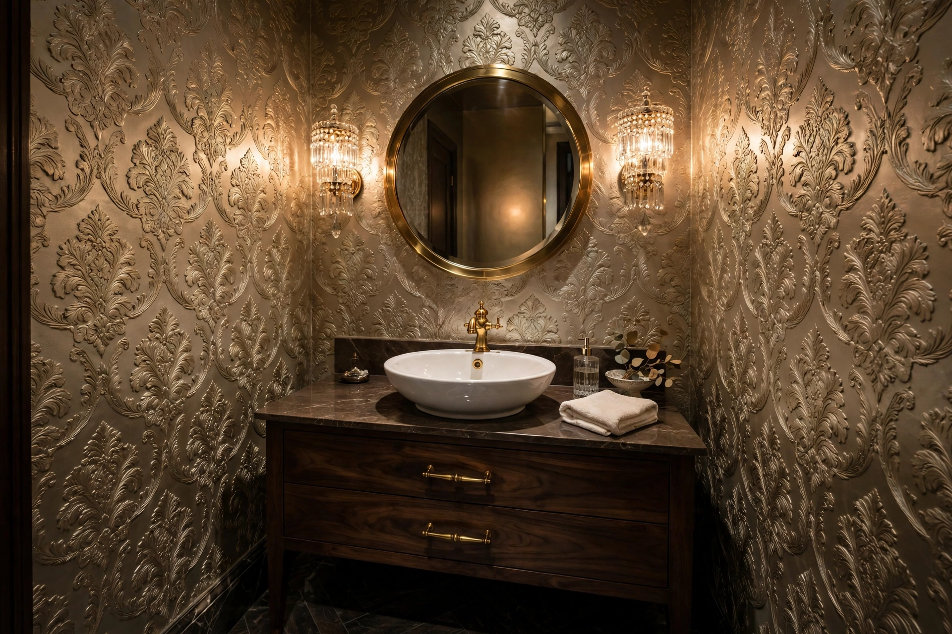 textured wallpaper ideas: powder room with metallic embossed damask textured wallpaper in champagne gold with raised ornate pattern, dark vanity and brass mirror