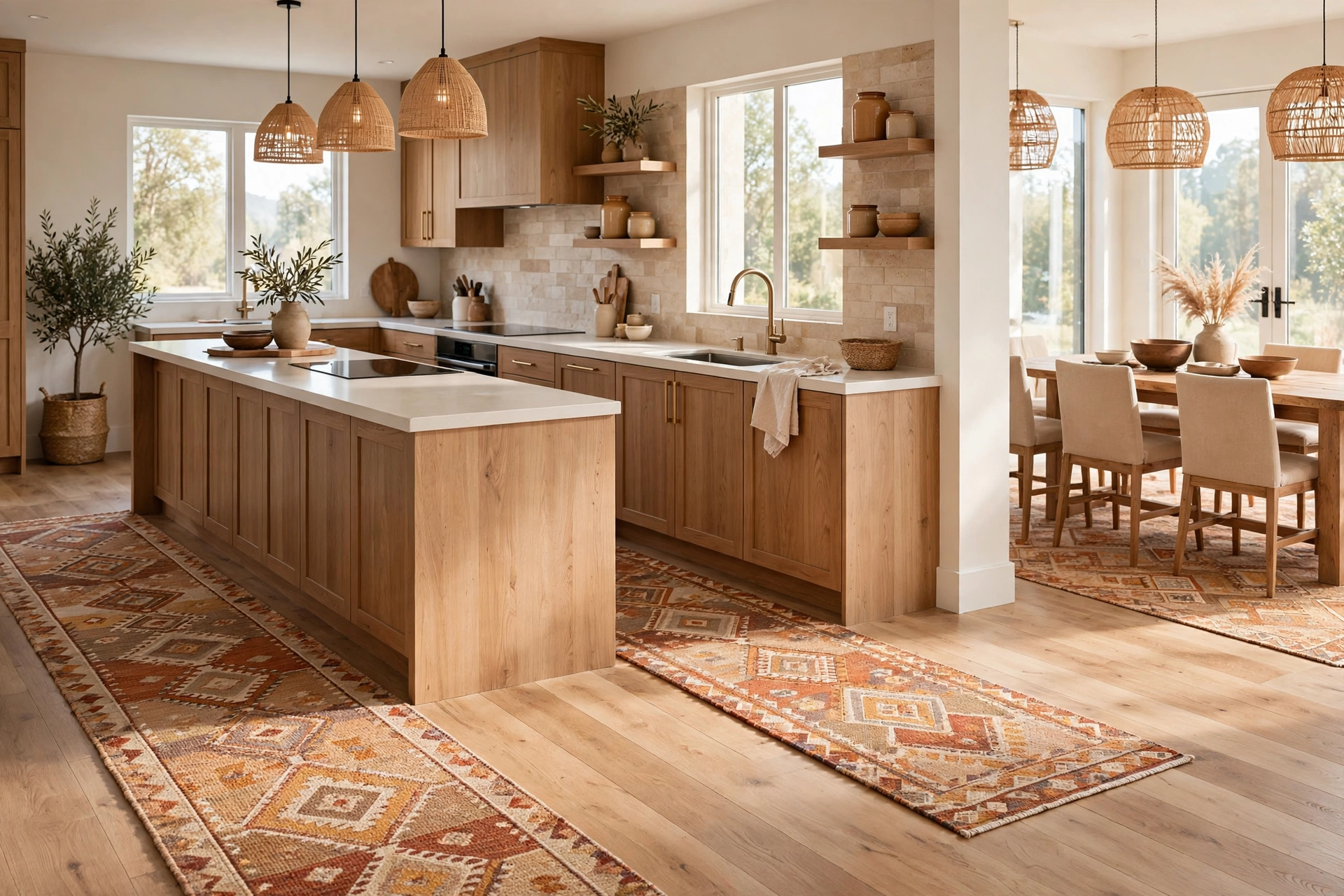Area rug open floor plan ideas: washable patterned runner placed along a kitchen island in an open-plan kitchen