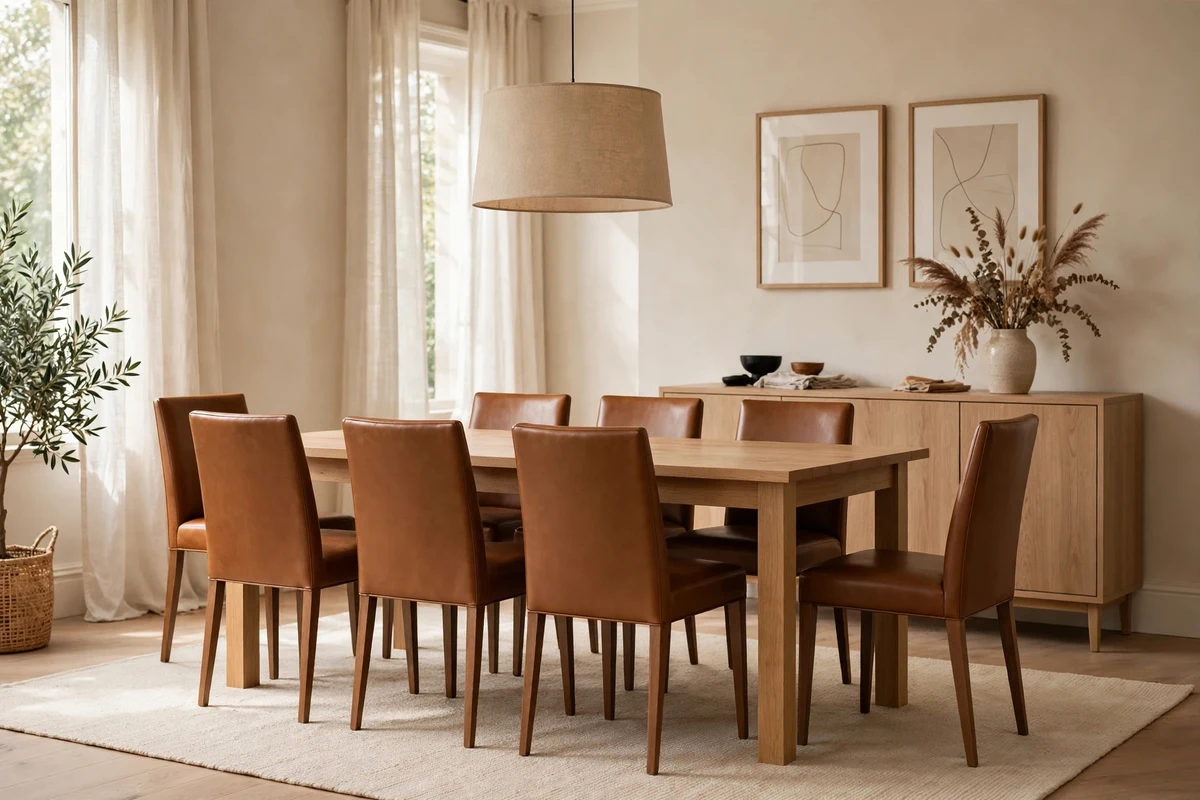 Caramel leather decor ideas: dining room with caramel leather chairs around an oak table