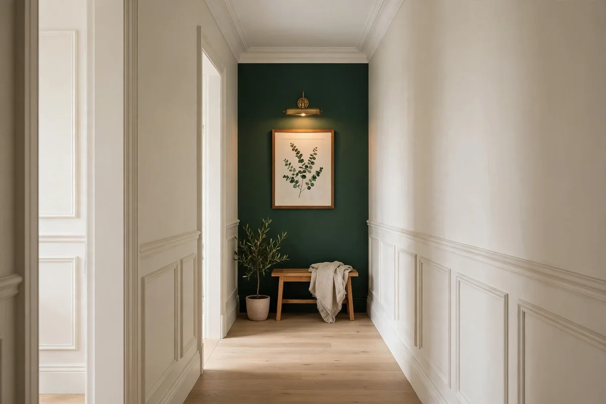 Narrow hallway decorating ideas: refreshed narrow hallway with painted end wall, budget runner, and matching frames