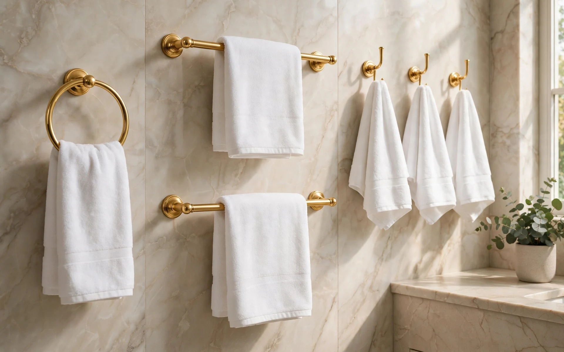 Gold bathroom fixtures ideas with gold towel bars, rings and hooks holding white towels
