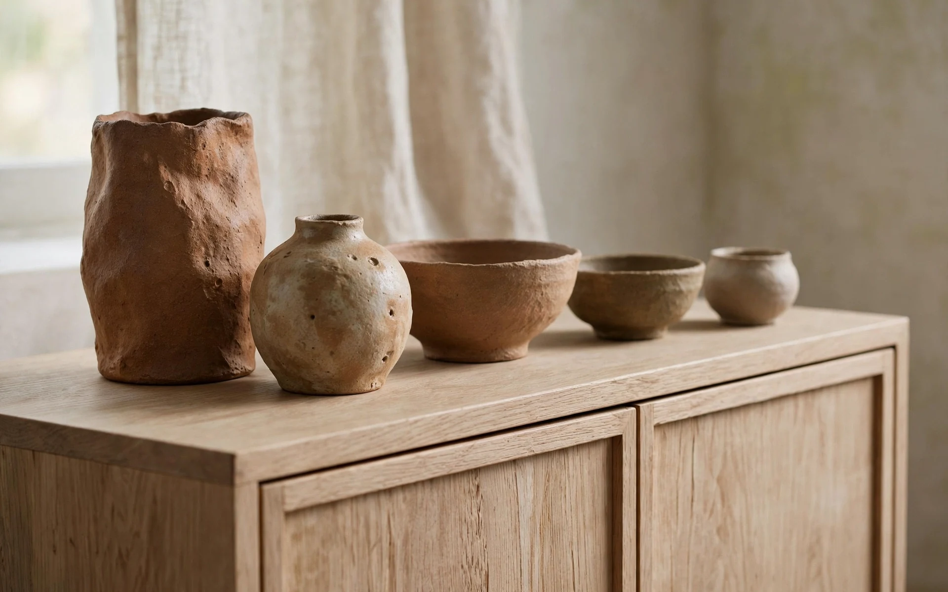 Handmade ceramic vases and clay bowls in japandi living room ideas on a wooden sideboard