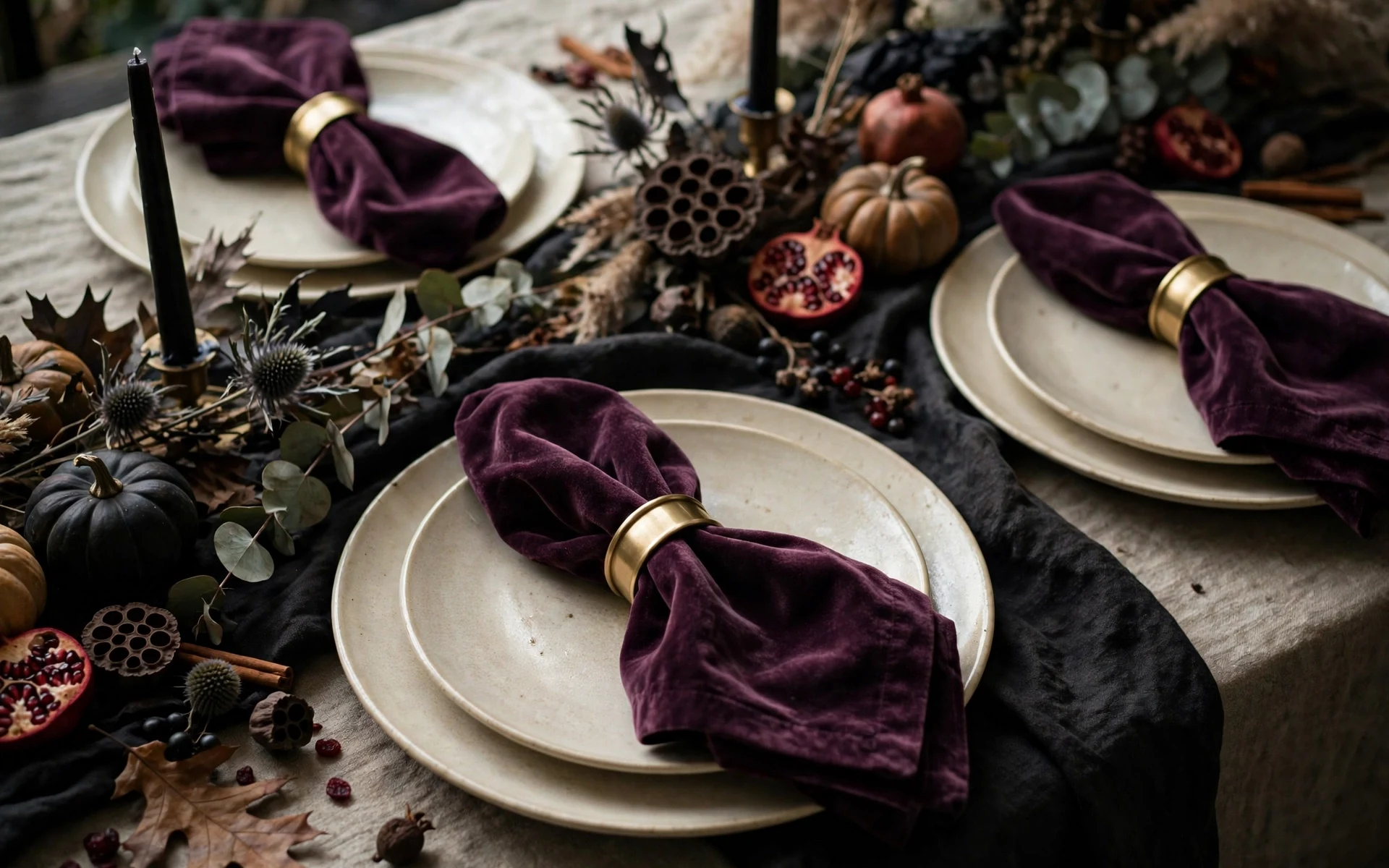 Plum velvet napkins halloween table setting ideas with brass napkin rings