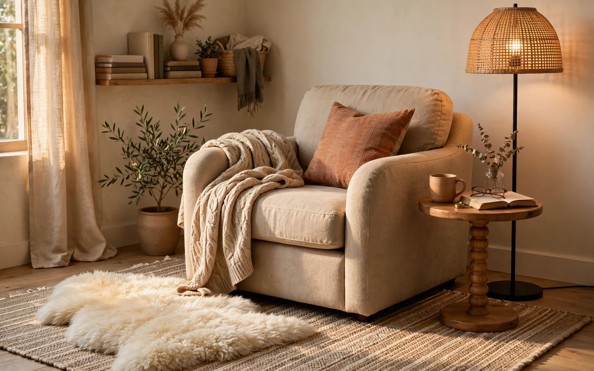 Sheepskin rug layering ideas over a flatweave rug beside a cozy reading chair