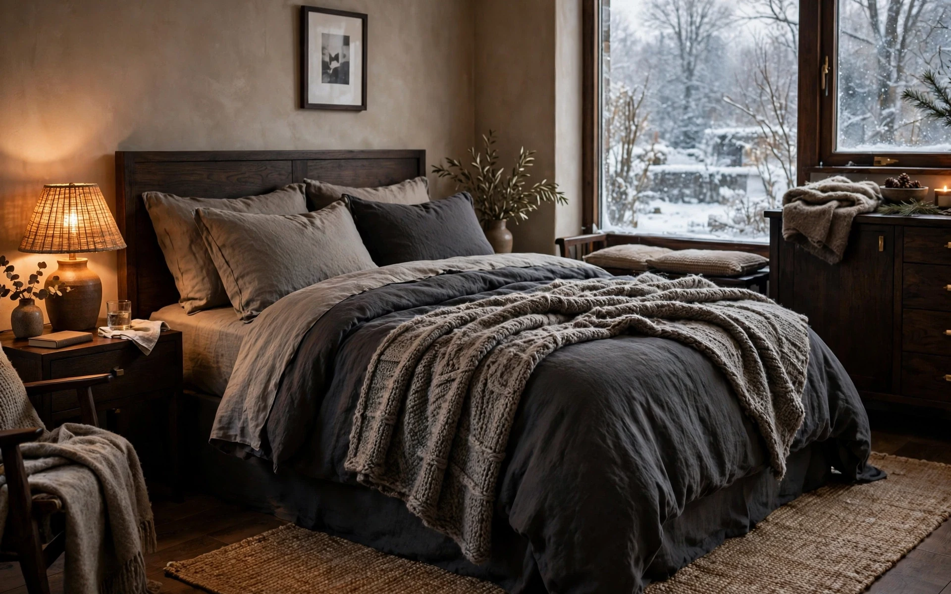 Charcoal linen bedding ideas layered for winter with grey linen, a wool throw and warm lamplight