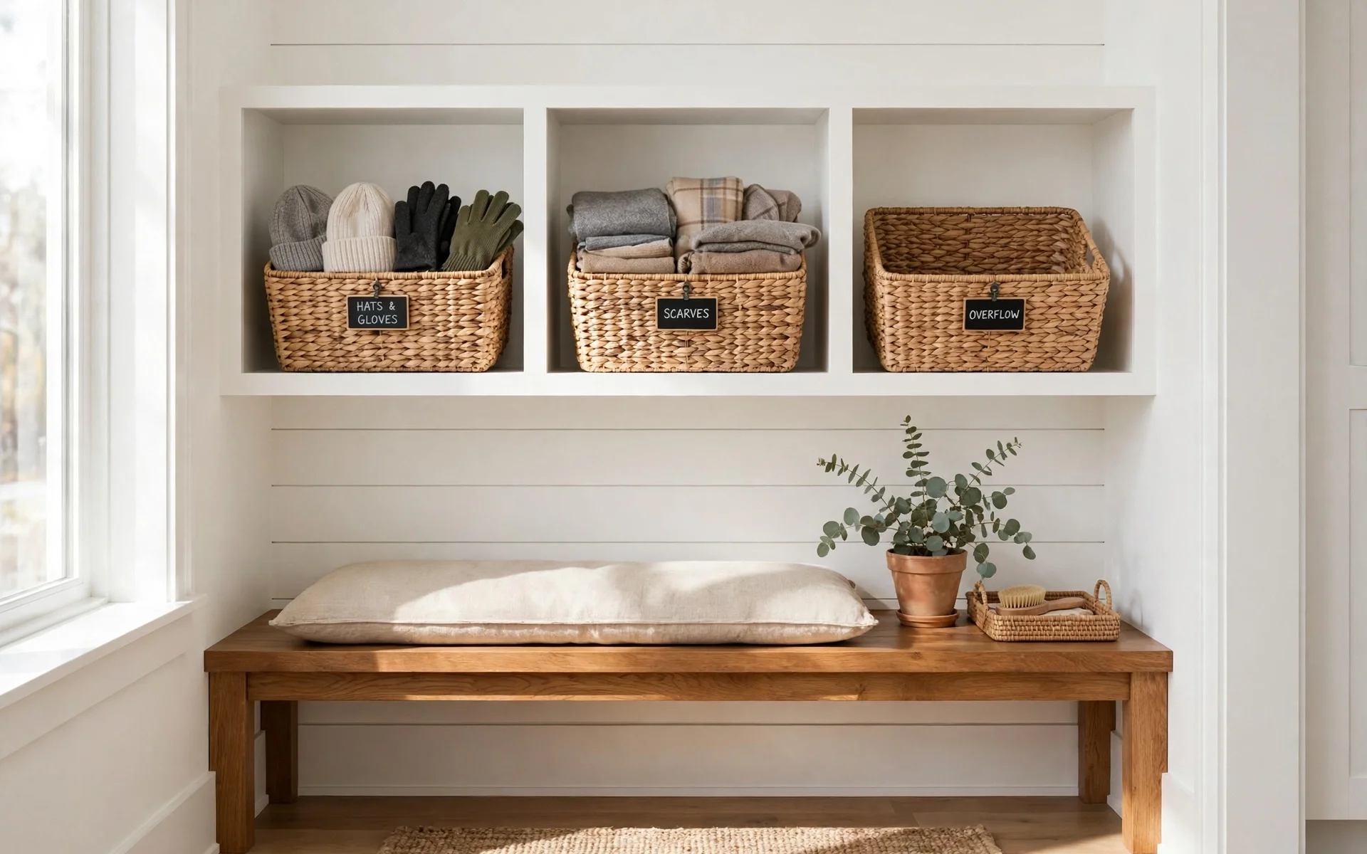 Open mudroom shelves with labeled woven baskets for hats and gloves, tidy mudroom ideas