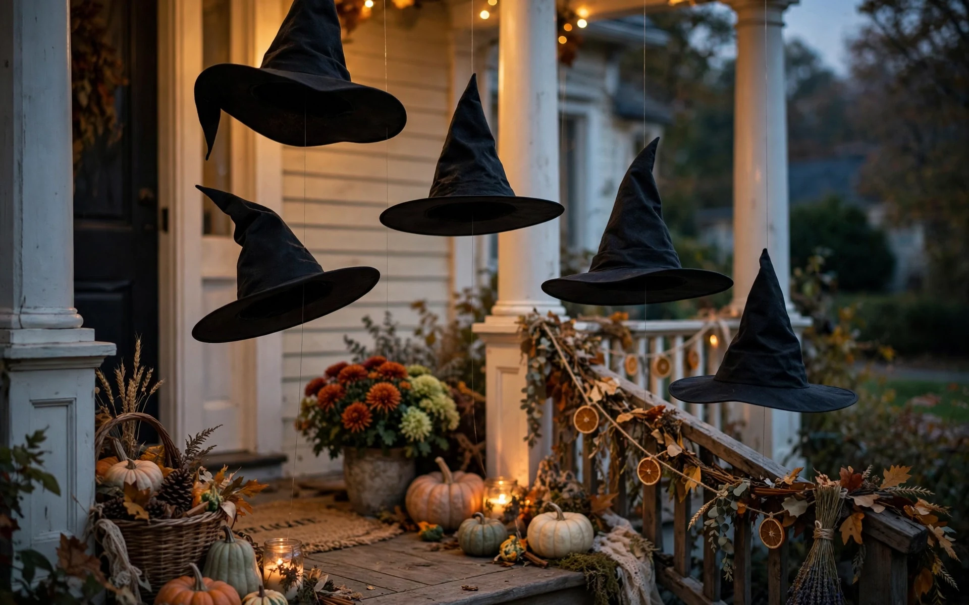Witch hats floating on fishing line over a porch as diy halloween decor ideas