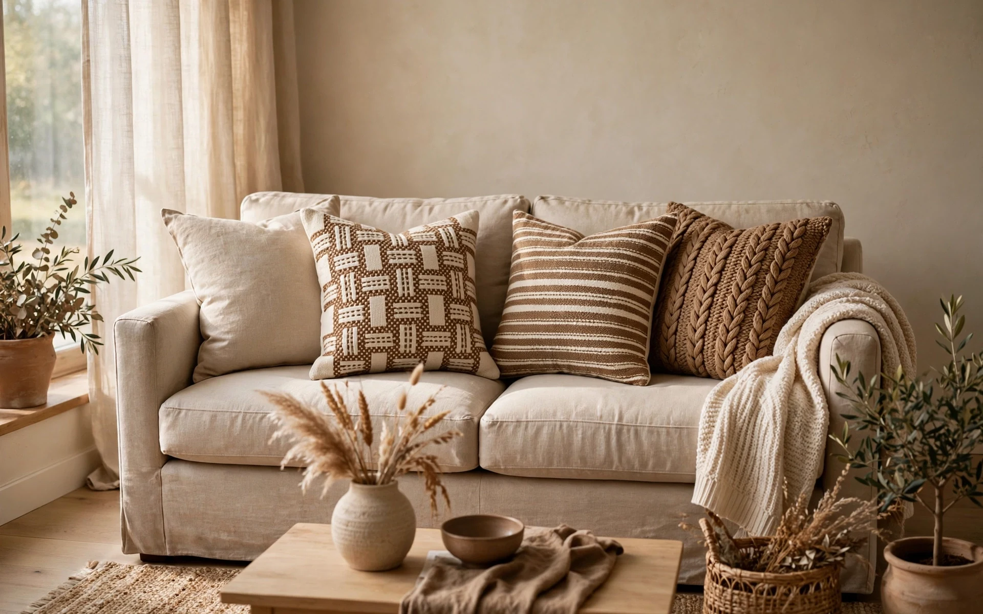 Styled sofa showing beige living room ideas through mixed throw pillows in solids, stripes and woven textures