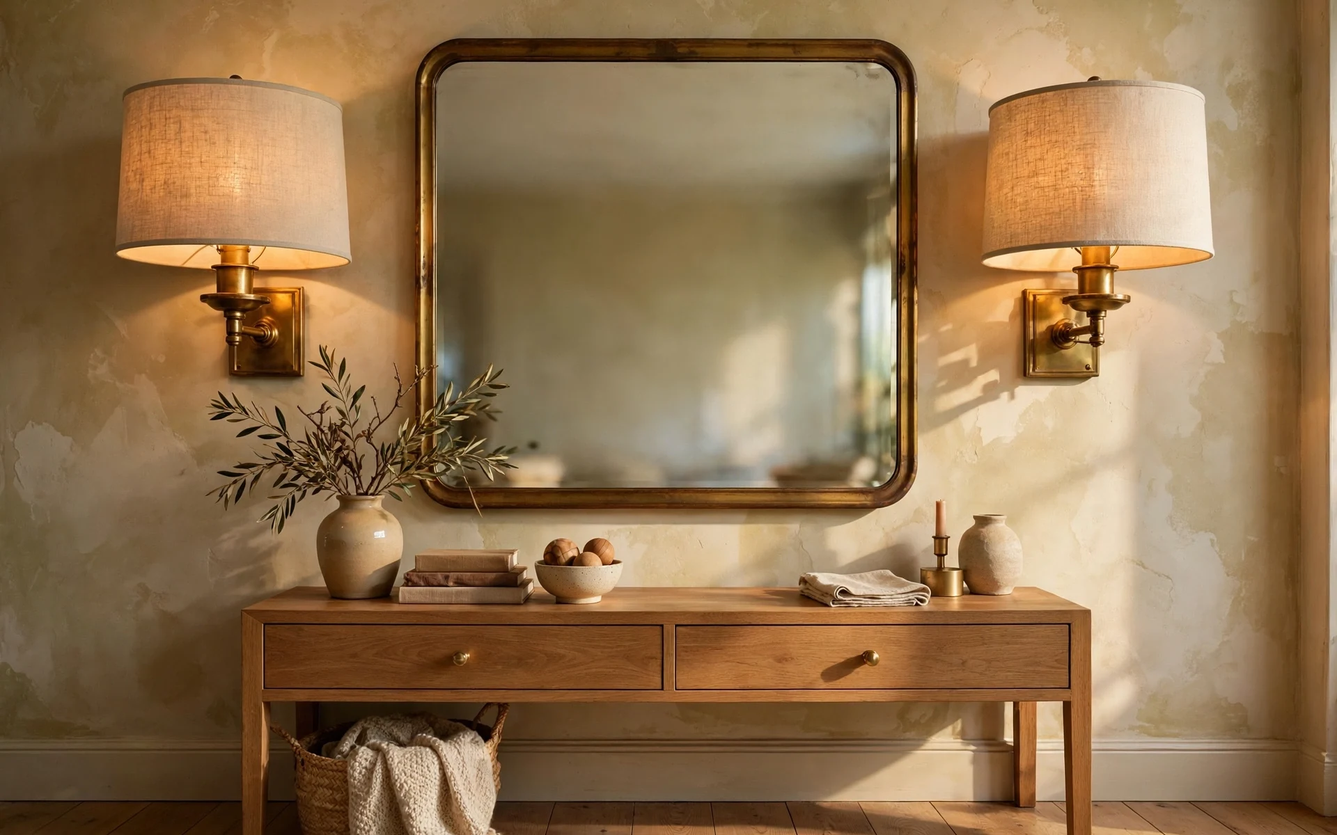 Oversized wall sconce statement lighting ideas with a pair of brass sconces beside a mirror over a console